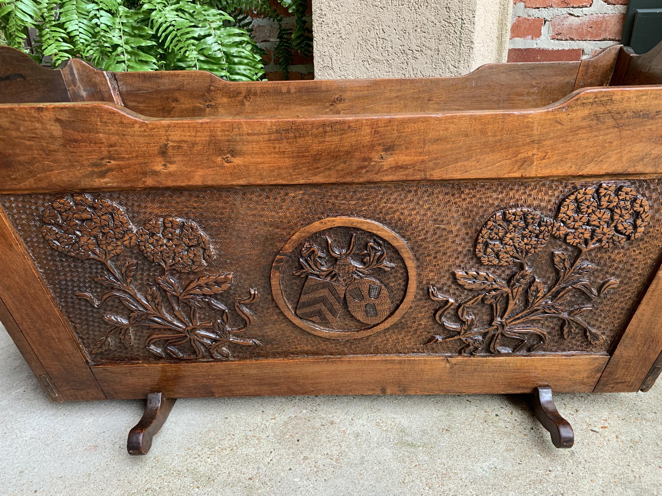 Hand-Carved 19th Century French Provincial Cradle Carved Oak Baby Doll Bed Crib Planter For Sale
