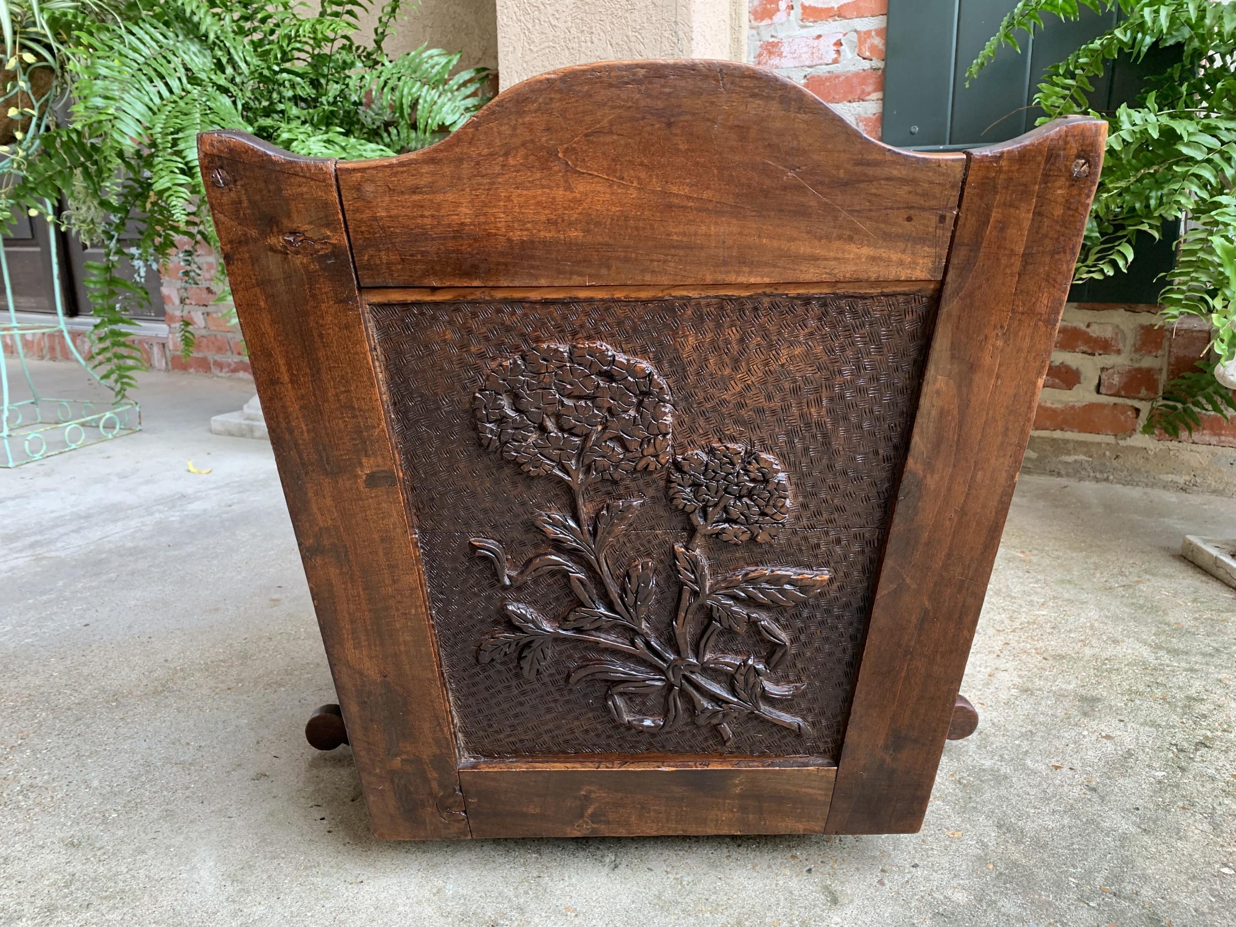 Metal Antique French Provincial Cradle Carved Oak Baby Doll Bed Crib Planter c1840 For Sale