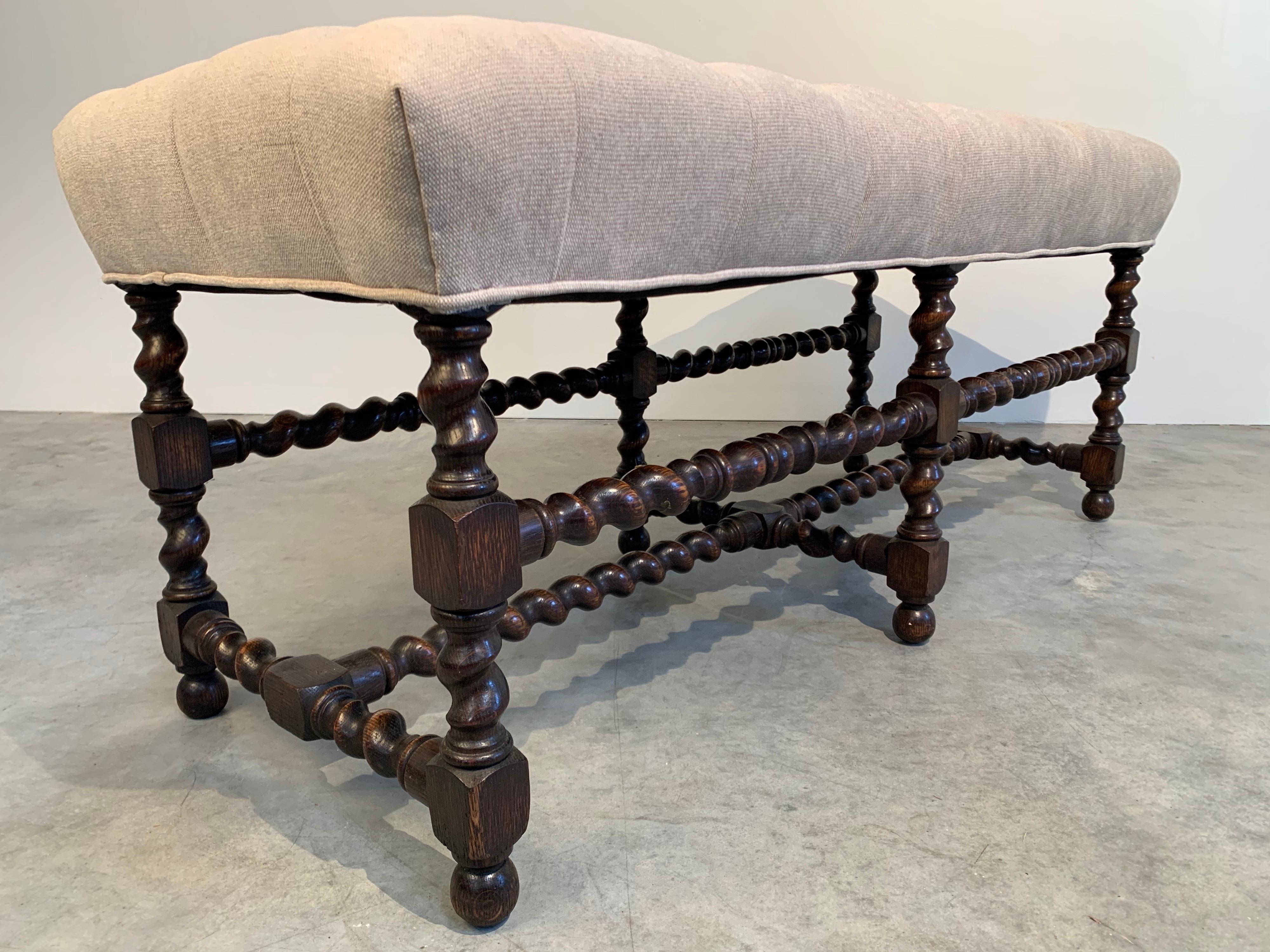 French Provincial 19th Century Antique French Regency Barley Twist Tufted Bench-Turned Oak