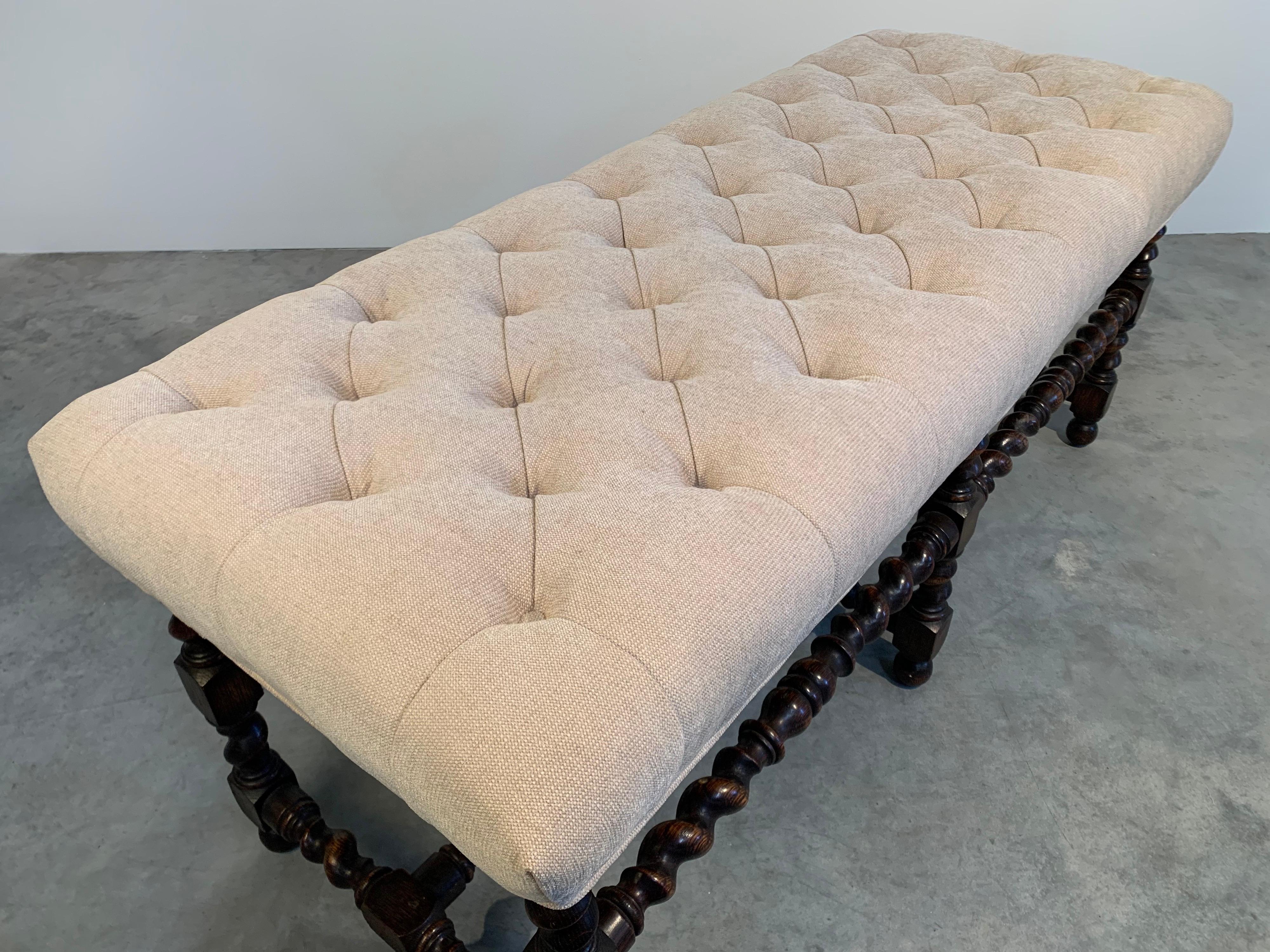 19th Century Antique French Regency Barley Twist Tufted Bench-Turned Oak In Good Condition In Southampton, NJ