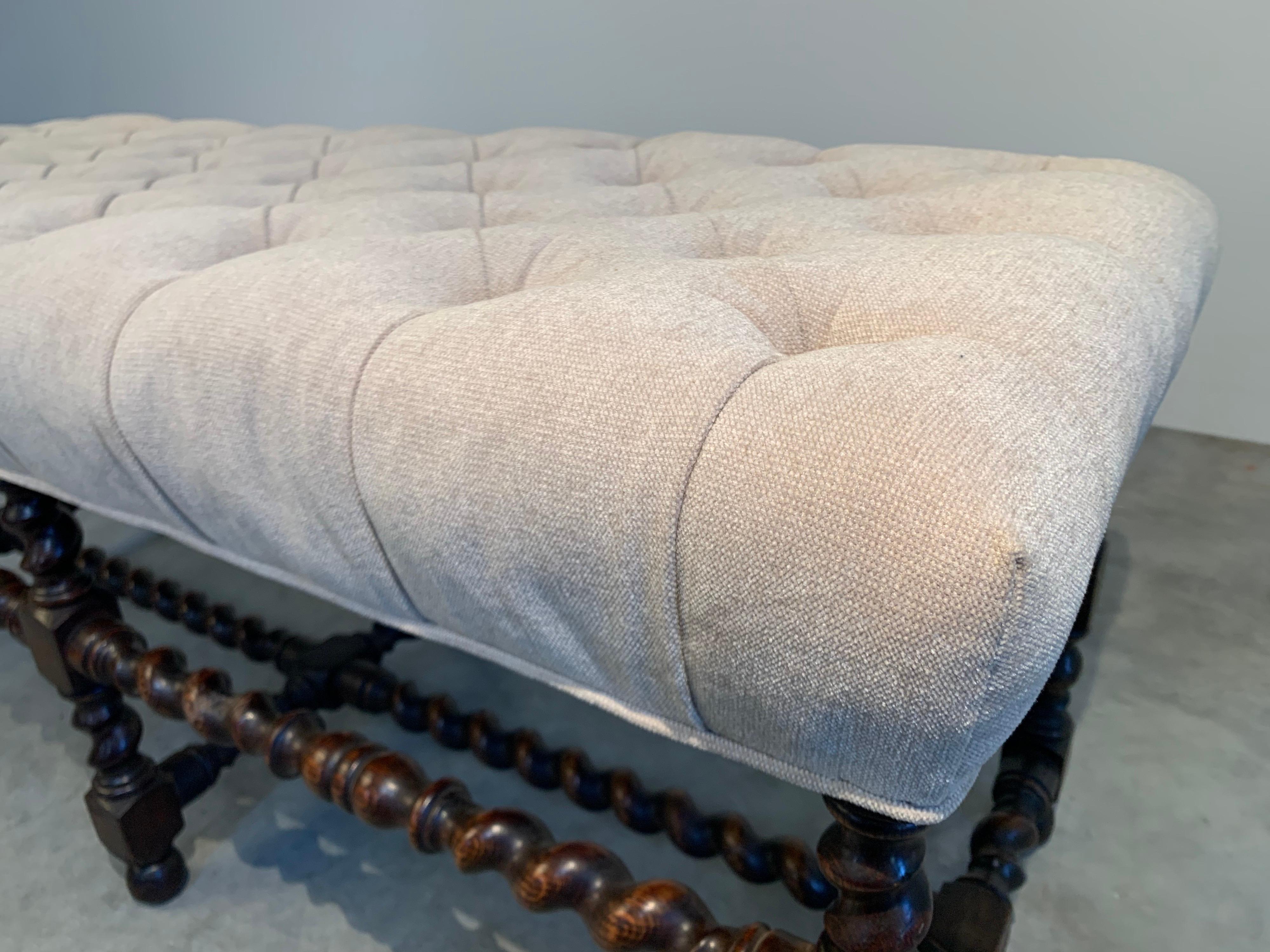 Early 19th Century 19th Century Antique French Regency Barley Twist Tufted Bench-Turned Oak