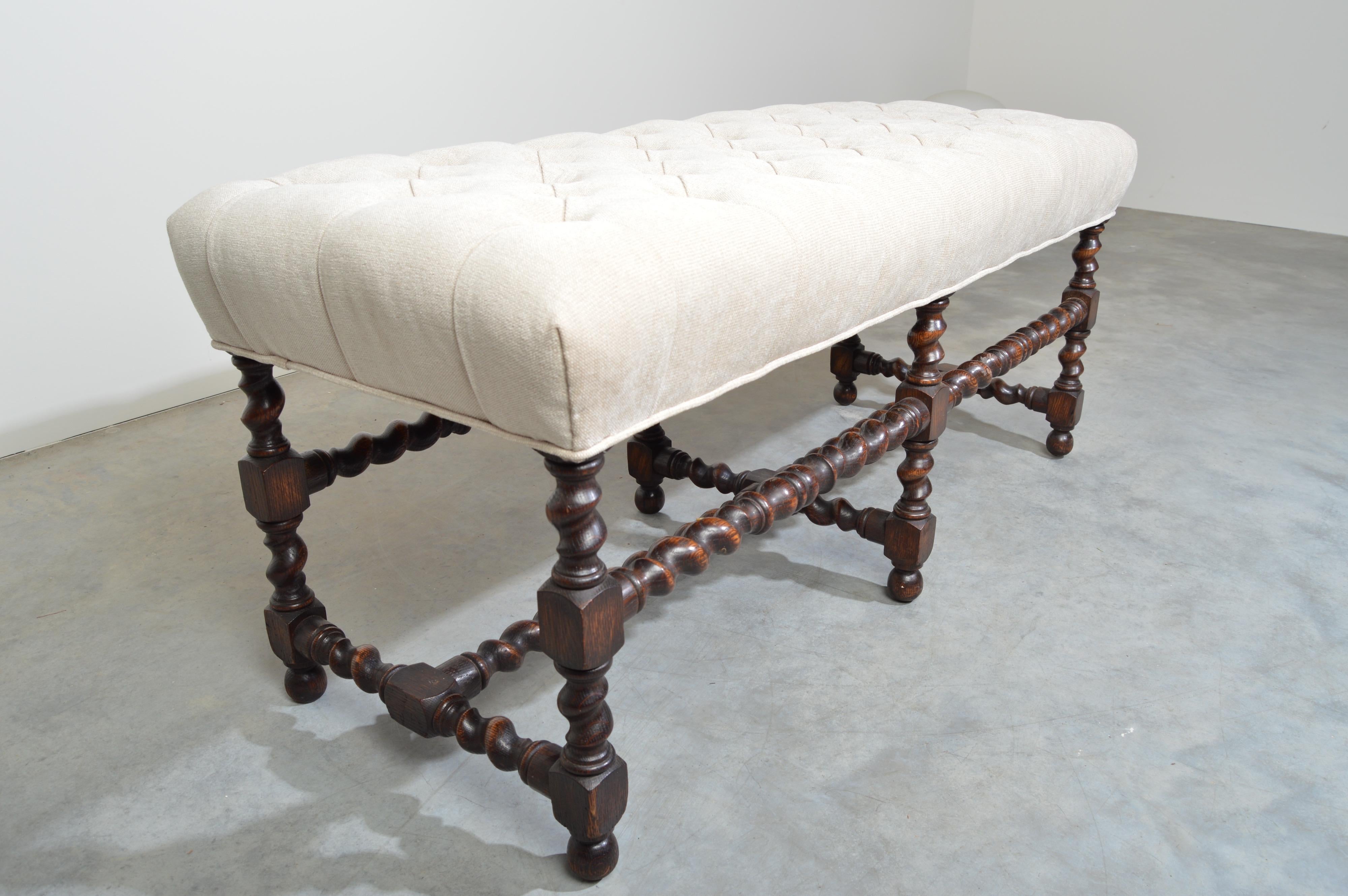 Cotton 19th Century Antique French Regency Barley Twist Tufted Bench-Turned Oak