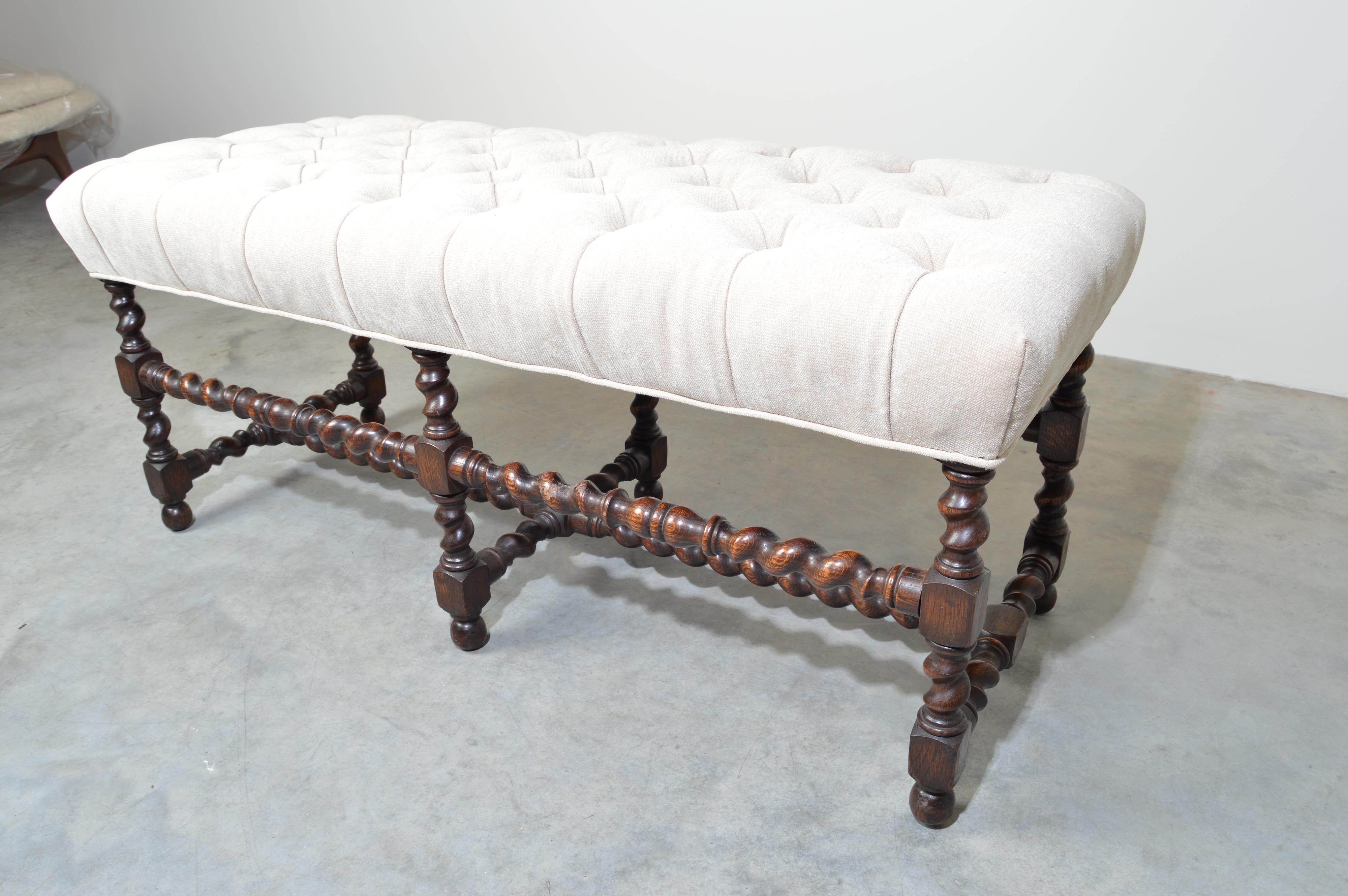 19th Century Antique French Regency Barley Twist Tufted Bench-Turned Oak 1