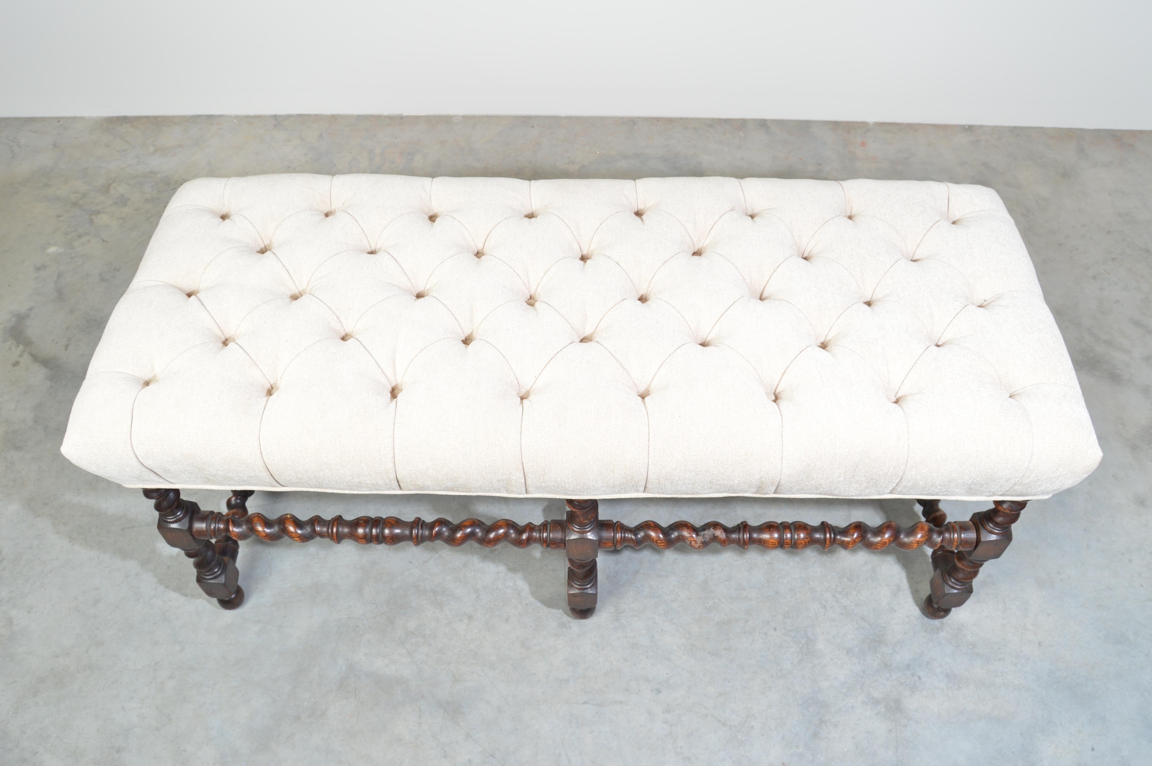 19th Century Antique French Regency Barley Twist Tufted Bench-Turned Oak 2