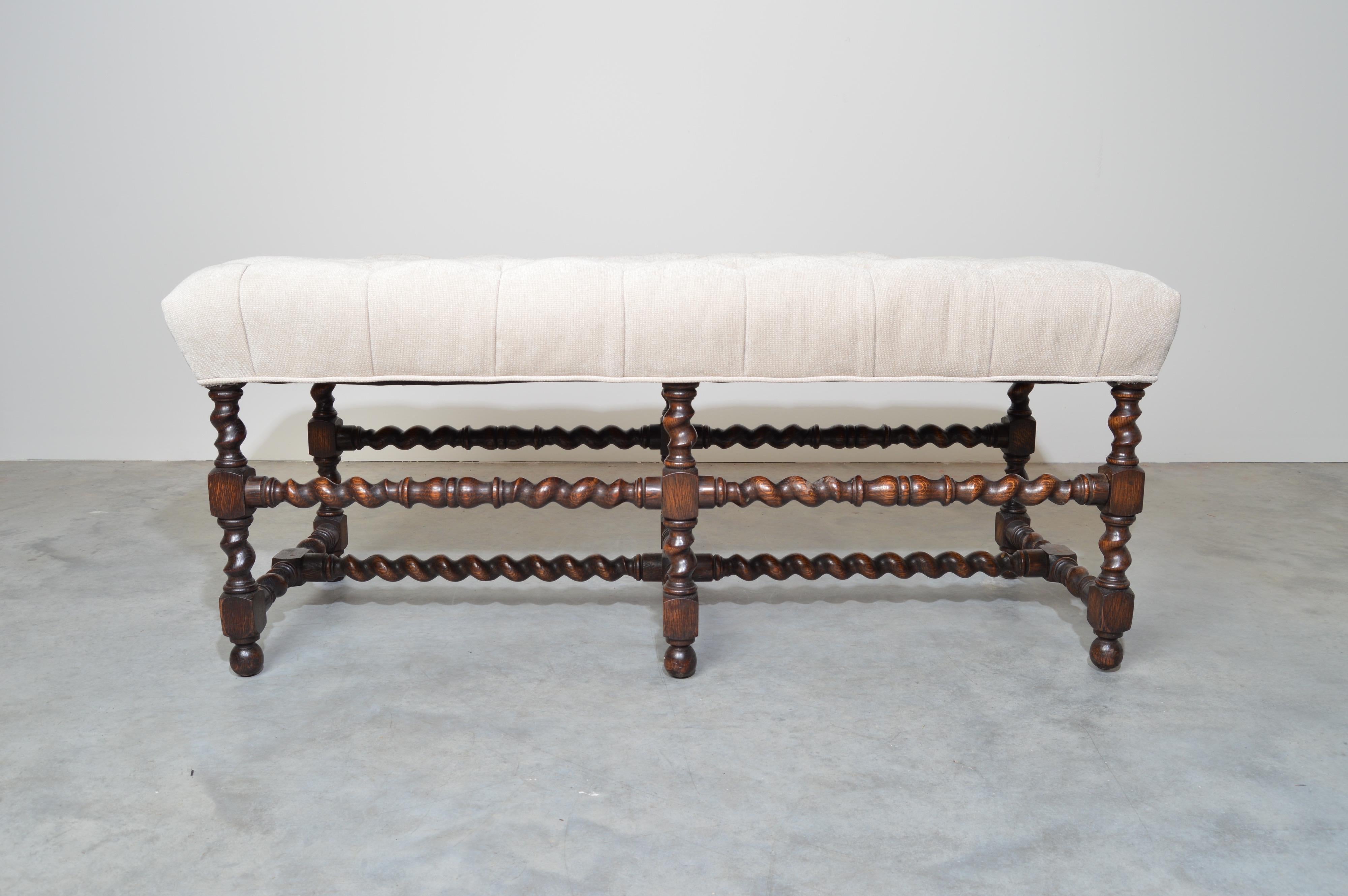 19th Century Antique French Regency Barley Twist Tufted Bench-Turned Oak 3