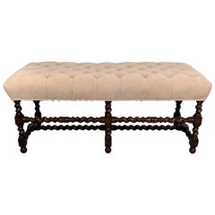 19th Century Antique French Regency Barley Twist Tufted Bench-Turned Oak