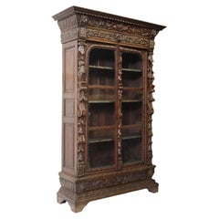 19th Century Antique French Renaissance Revival Carved Oak Bookcase 
