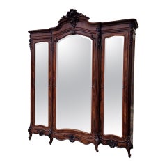 19th Century Antique French Rococo Armoire Carved Wood Triple Door