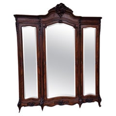 19th Century Antique French Rococo Armoire Carved Wood Triple Door