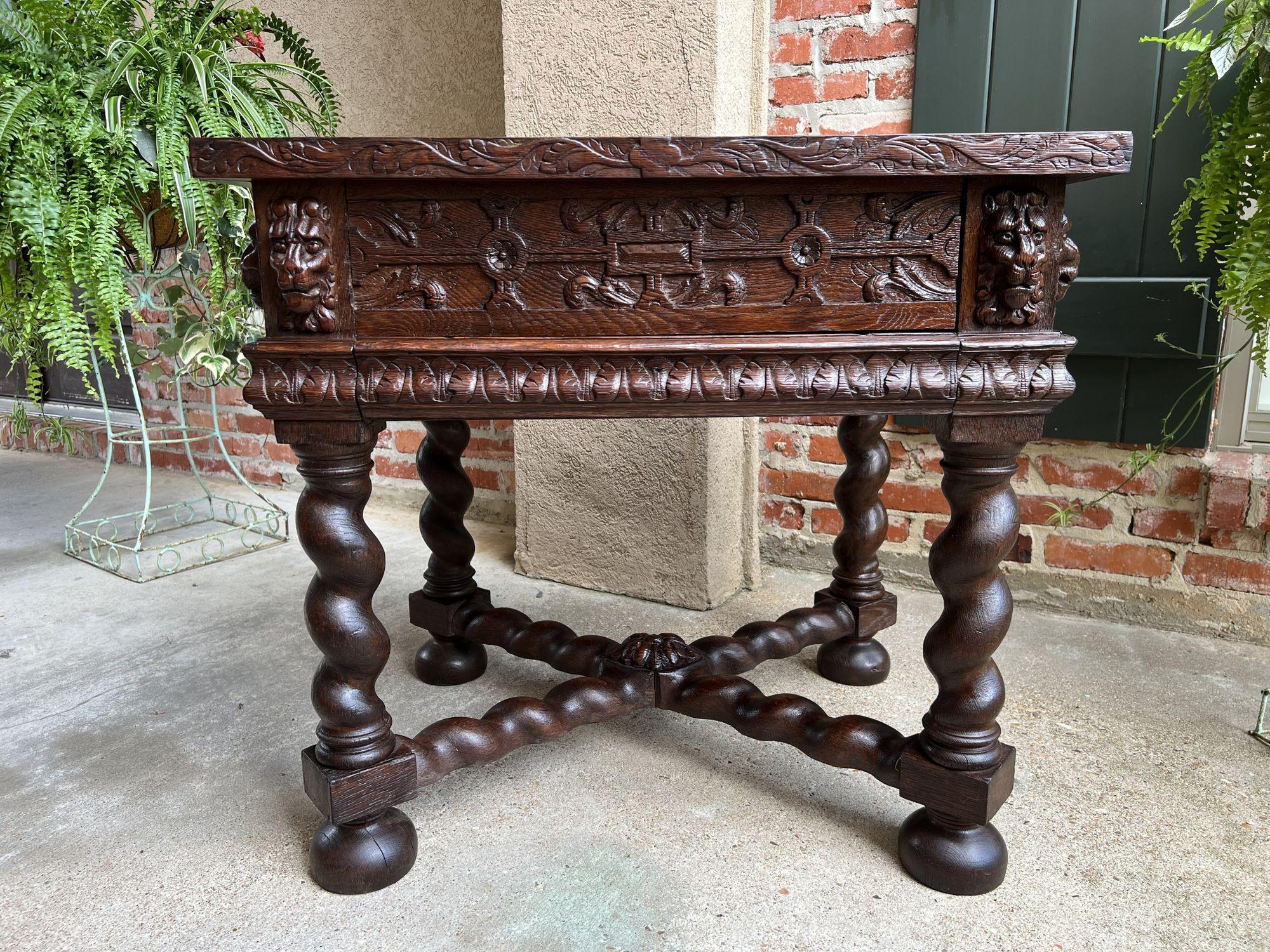 19th century antique French square sofa table carved oak barley twist Louis XIII.
 
Direct from France, a substantial and heavy antique French square side/sofa table, with impressive details.
 
Large hand carved edge top over the oversized, wide