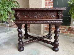 Antique French Square Sofa Table Carved Oak Barley Twist Louis XIII c1890