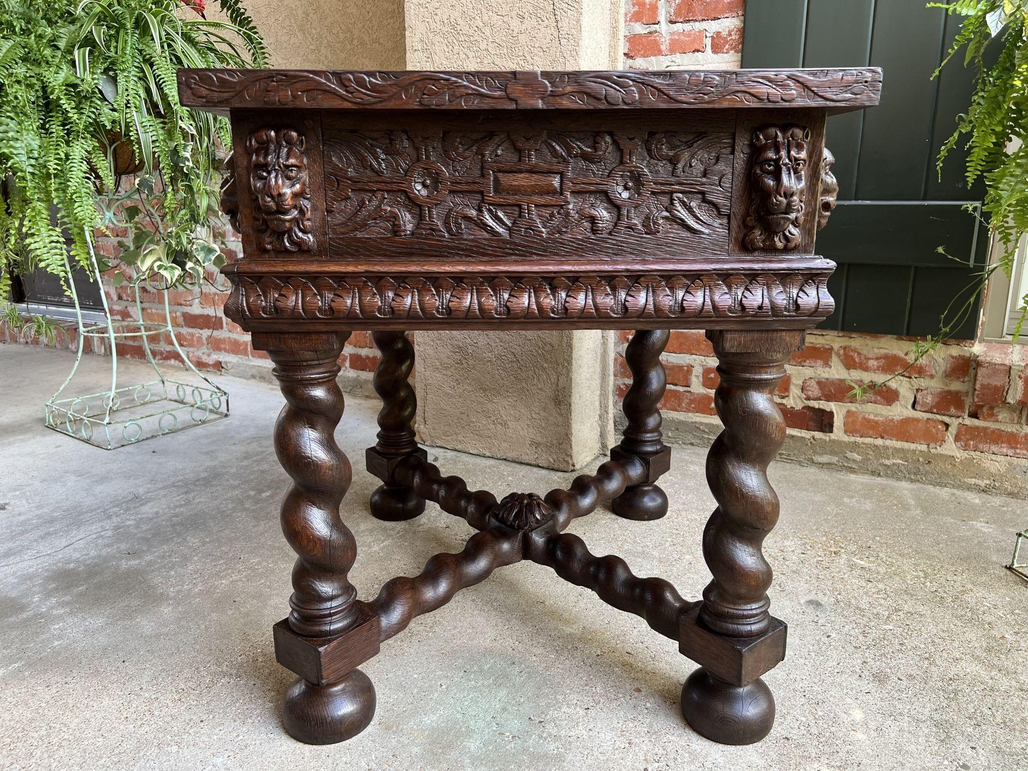 Antique French Square Sofa Table Carved Oak Barley Twist Louis XIII c1890 In Good Condition For Sale In Shreveport, LA