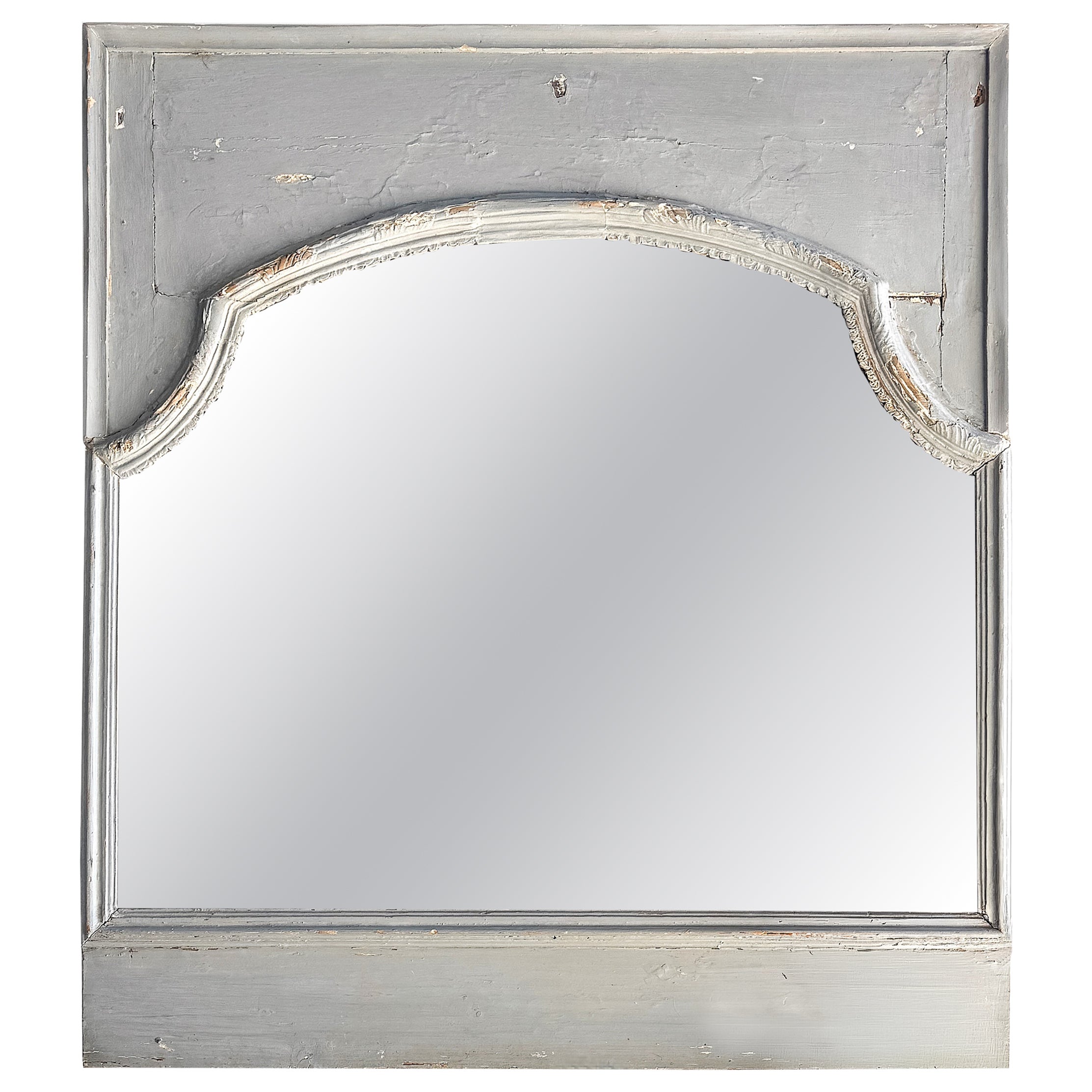 19th Century Antique French Trumeau Mirror with Original Blue Paint