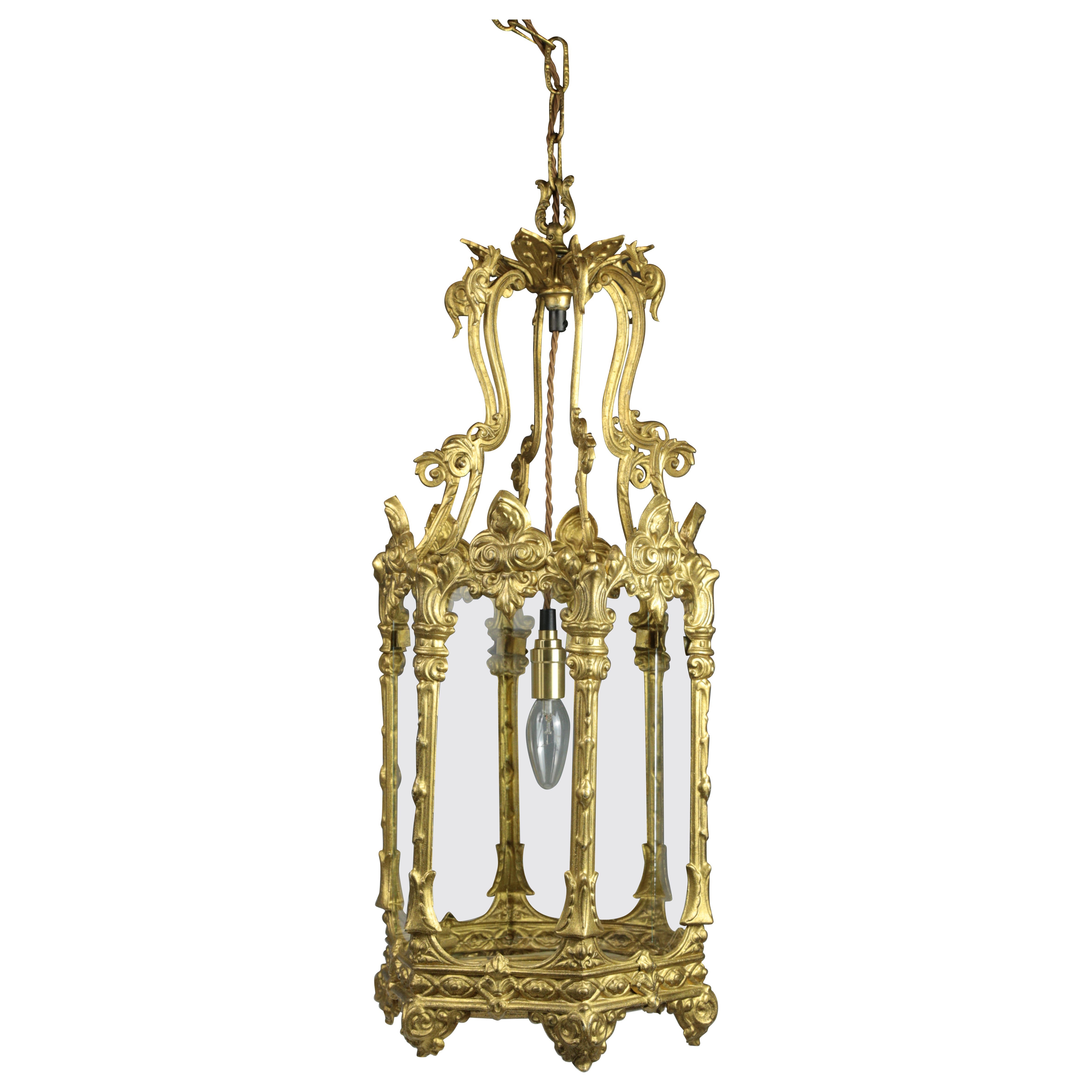 19th Century Antique Gilt Brass Hallway Lantern, Elegant Design For Sale
