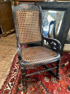 19th Century Antique Gilt Hand Painted Child's Rocking Chair Cane Back and Seat