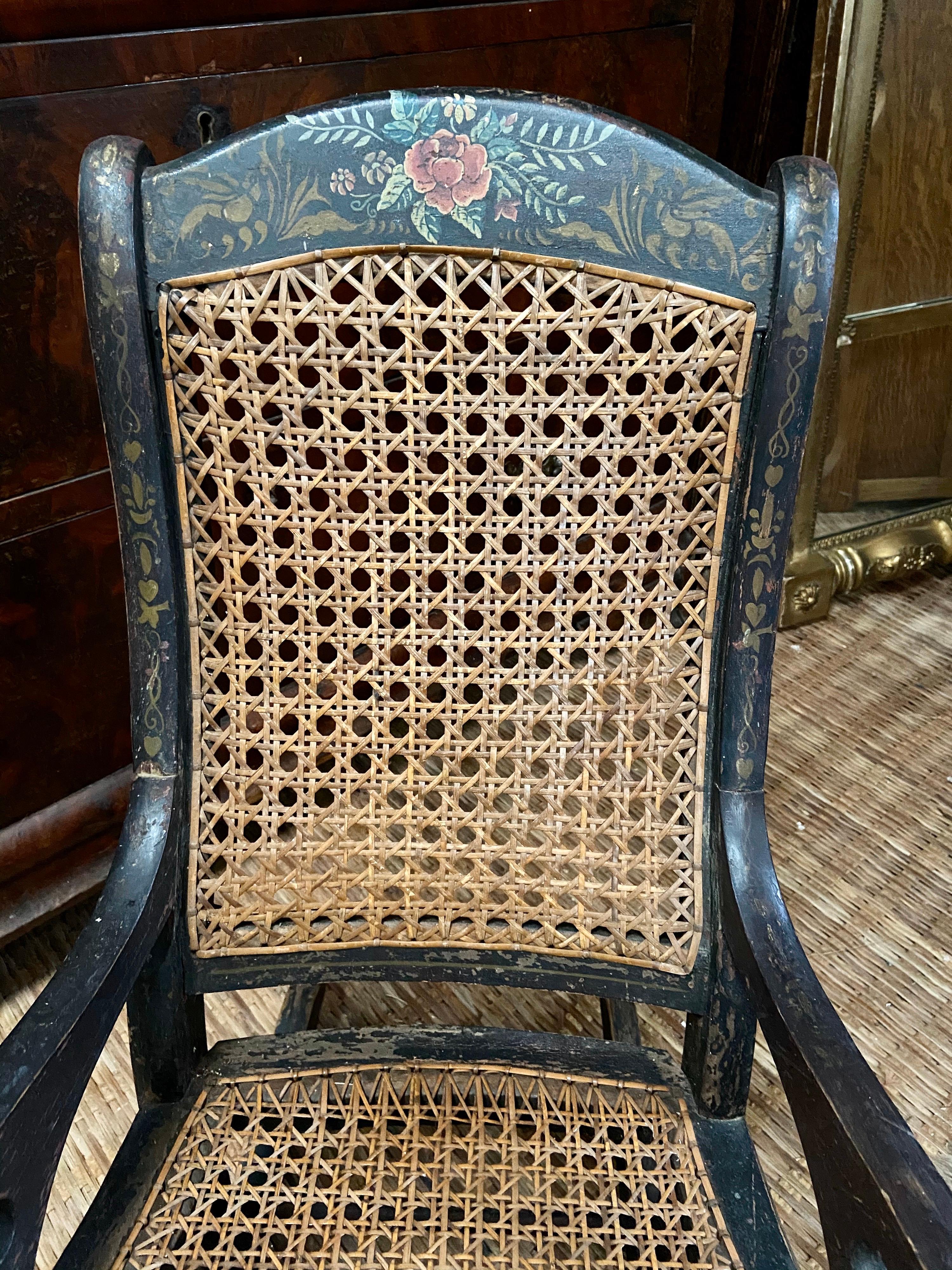 American Colonial 19th Century Antique Gilt Hand Painted Child's Rocking Chair Cane Back and Seat For Sale