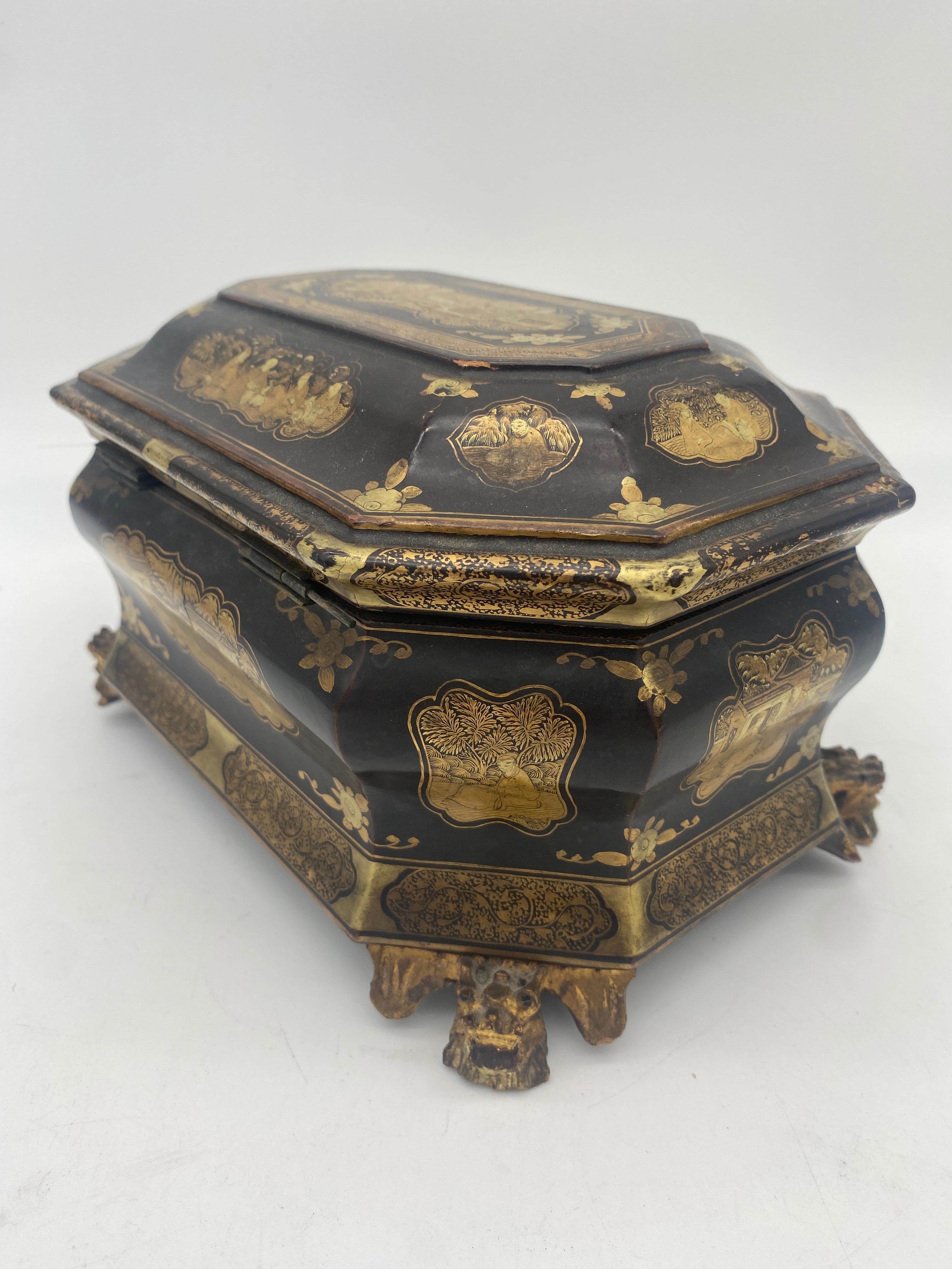 19th Century Antique Gilt Lacquer Chinese Tea Caddy For Sale 4