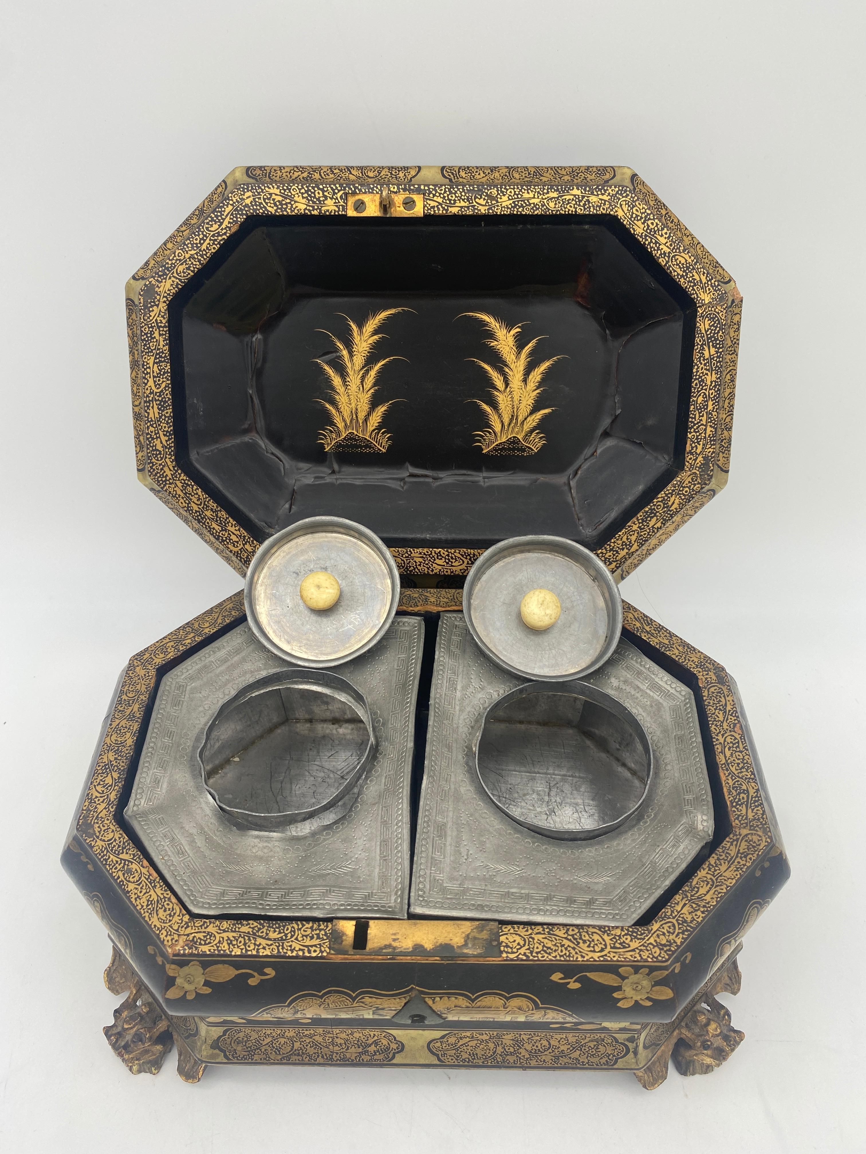 Antike chinesische Teedose aus vergoldetem Lack des 19. Jahrhunderts im Angebot 3