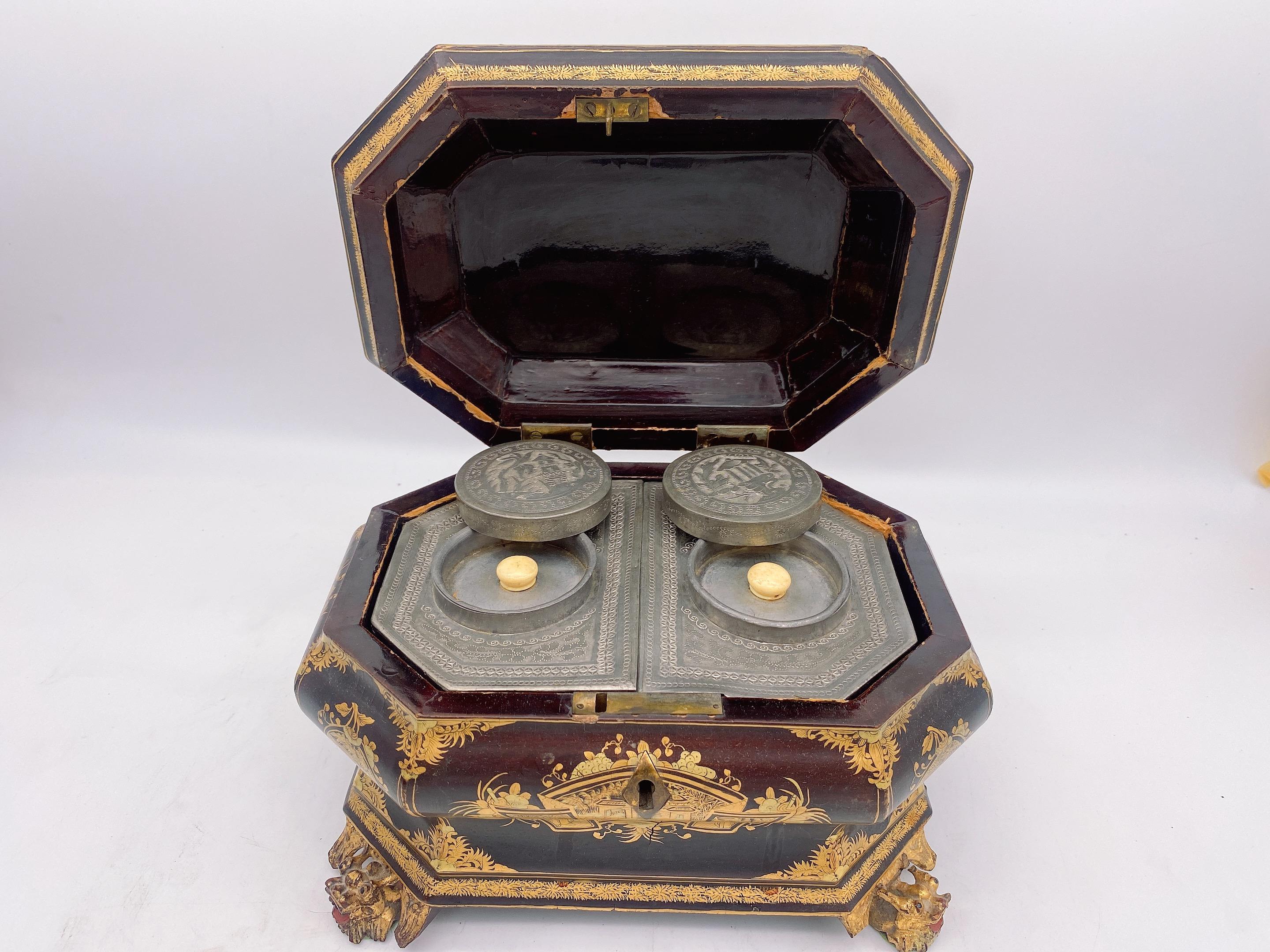 19th Century Antique Gilt Lacquer Chinese Tea Caddy 6
