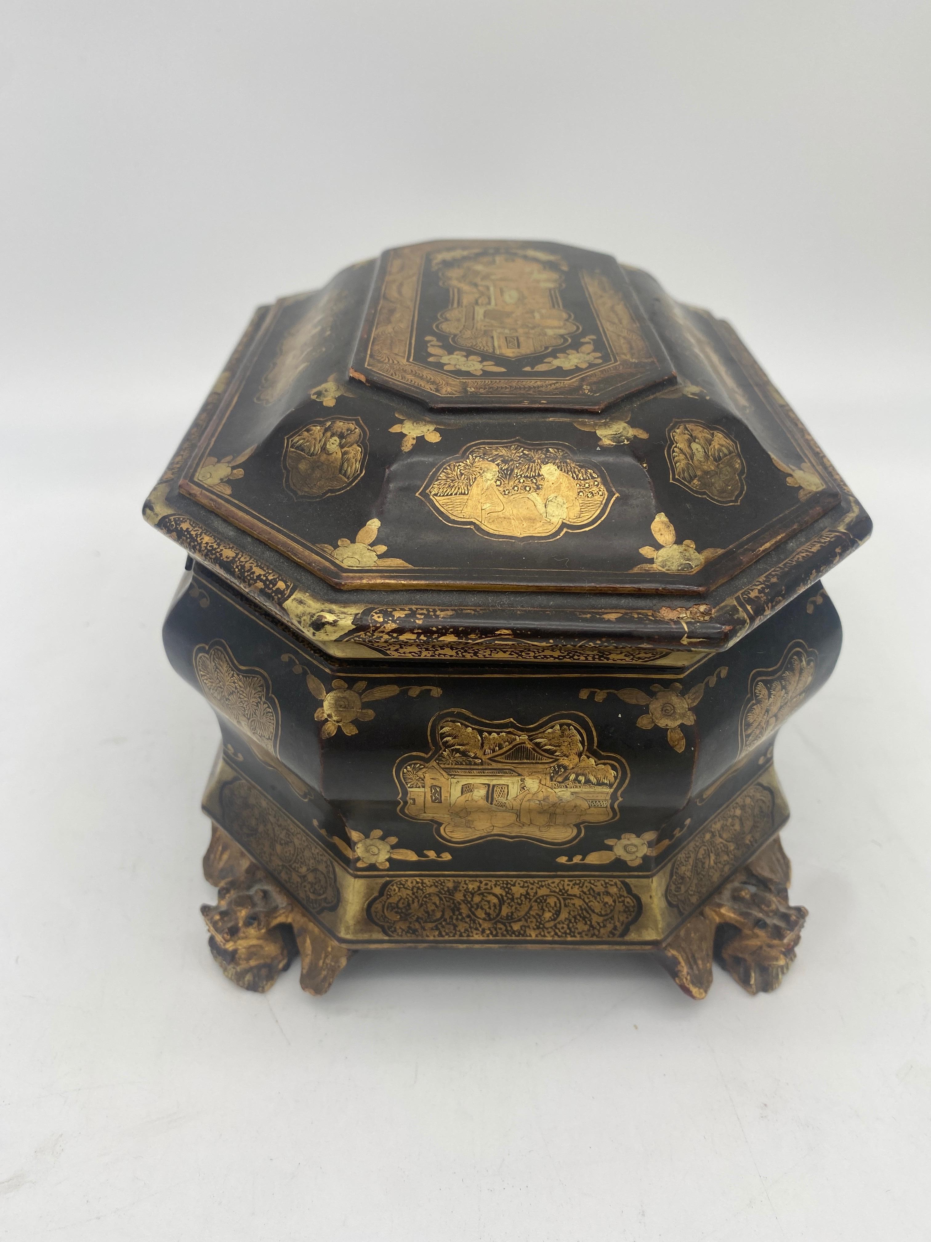 19th Century Antique Gilt Lacquer Chinese Tea Caddy For Sale 6