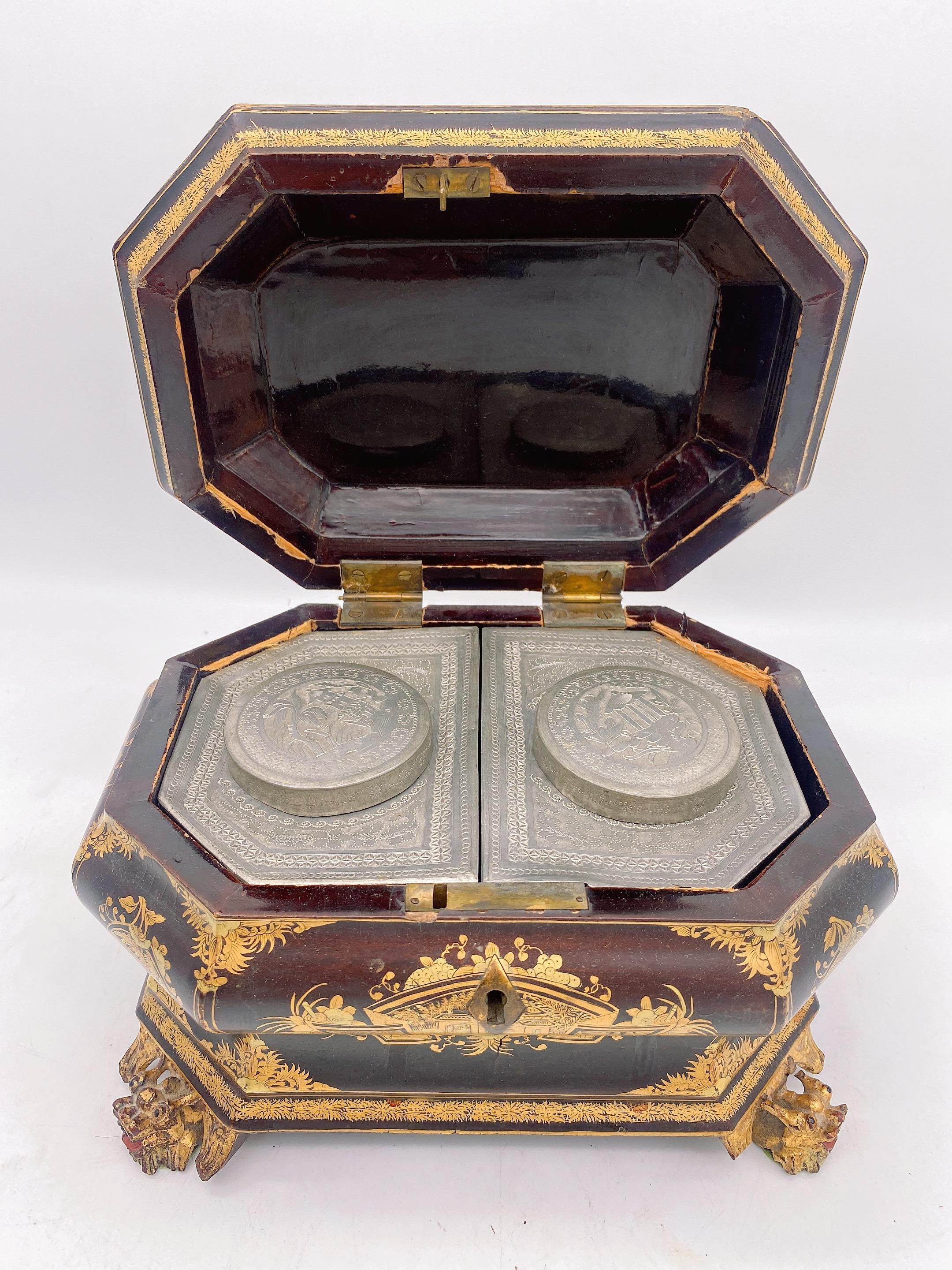 19th Century Antique Gilt Lacquer Chinese Tea Caddy 7