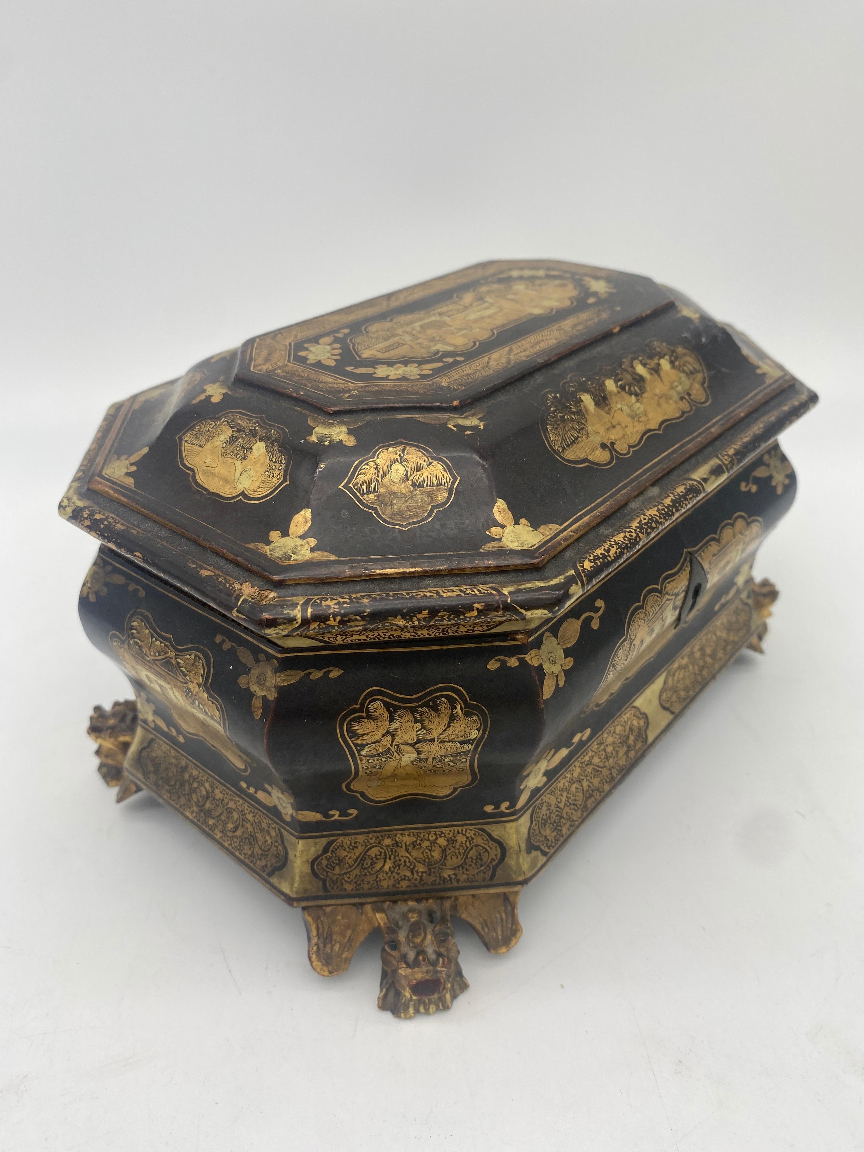 19th Century Antique Gilt Lacquer Chinese Tea Caddy For Sale 7