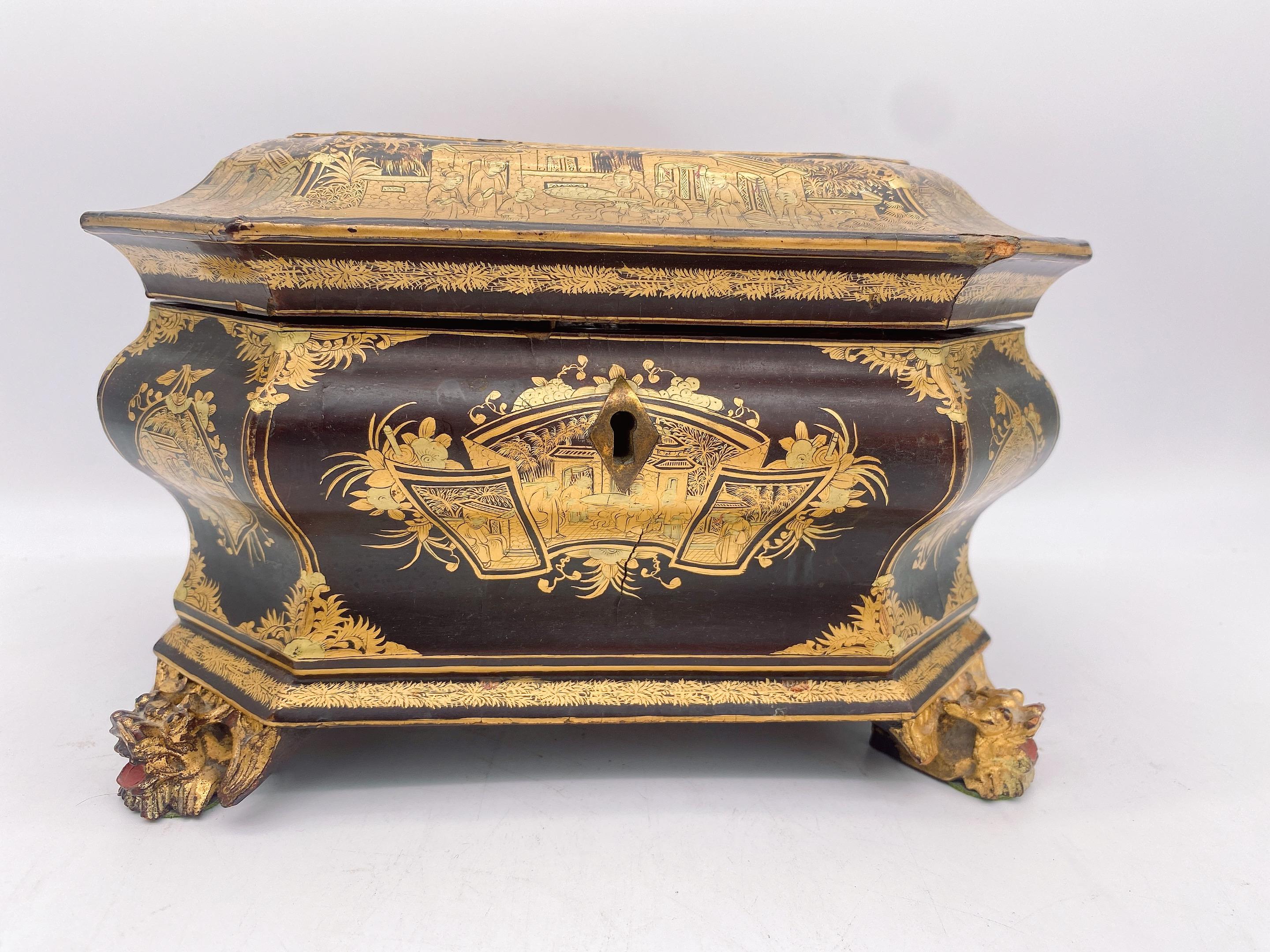 Qing 19th Century Antique Gilt Lacquer Chinese Tea Caddy