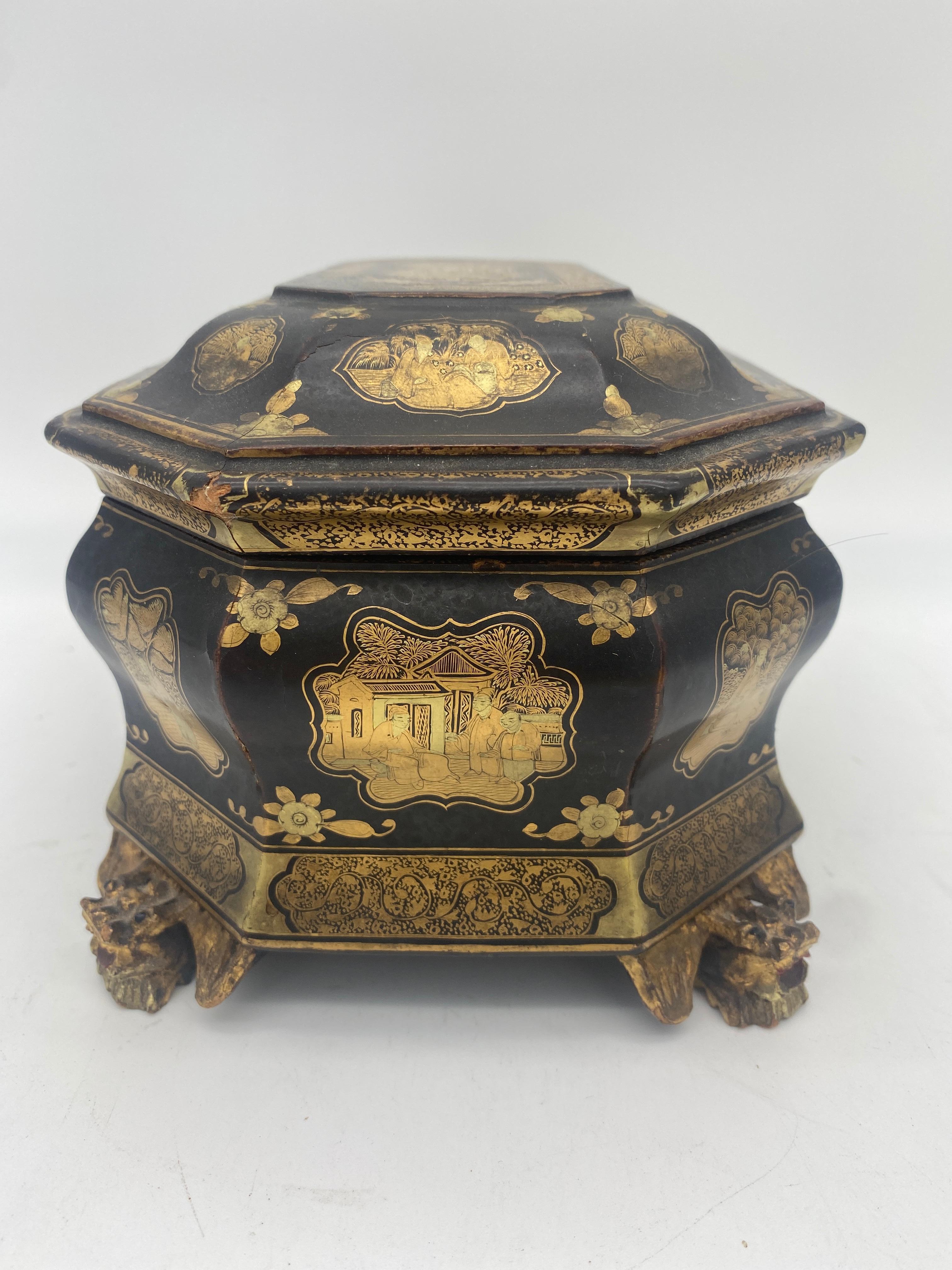 Qing 19th Century Antique Gilt Lacquer Chinese Tea Caddy For Sale