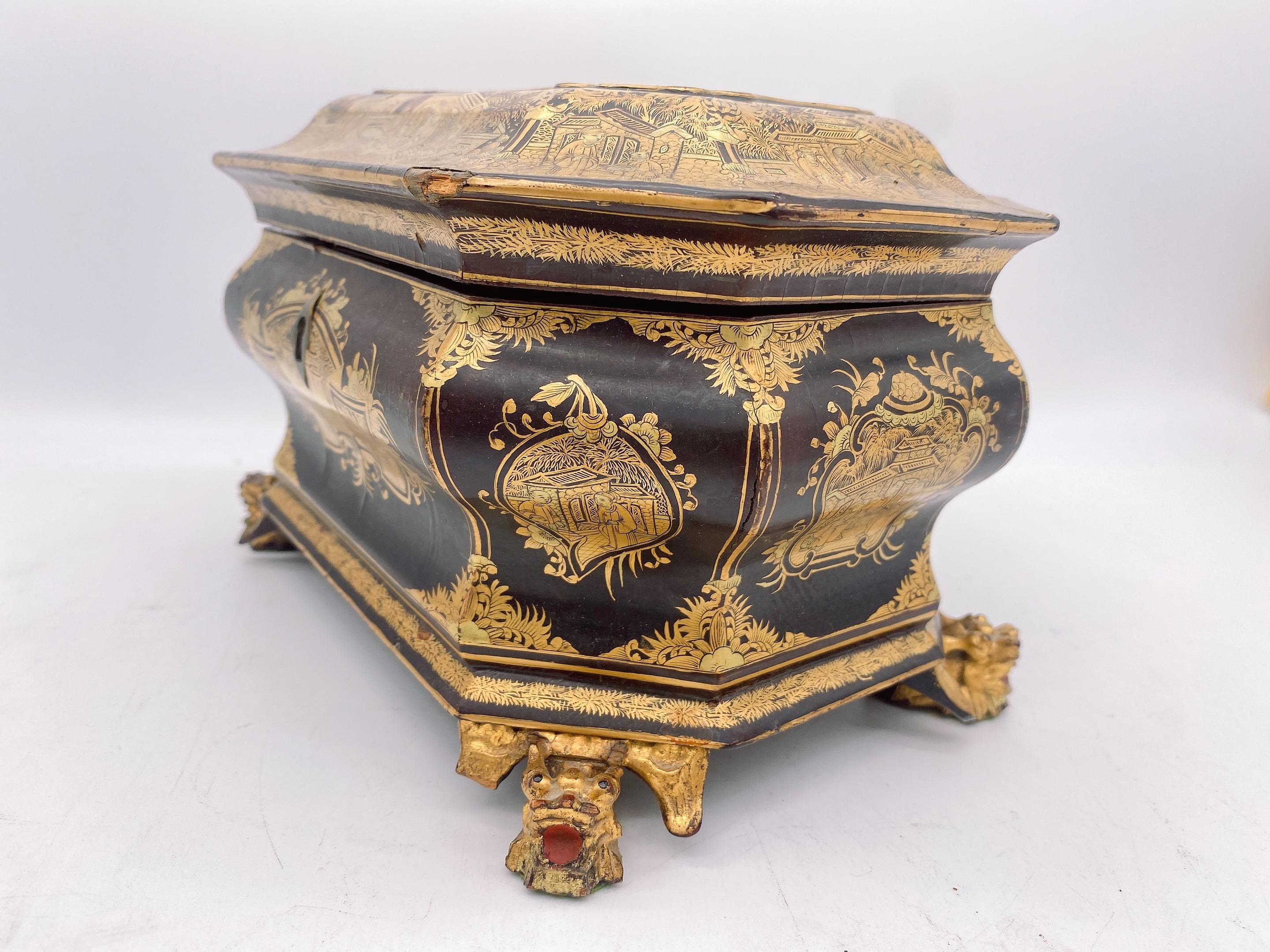 Hand-Carved 19th Century Antique Gilt Lacquer Chinese Tea Caddy
