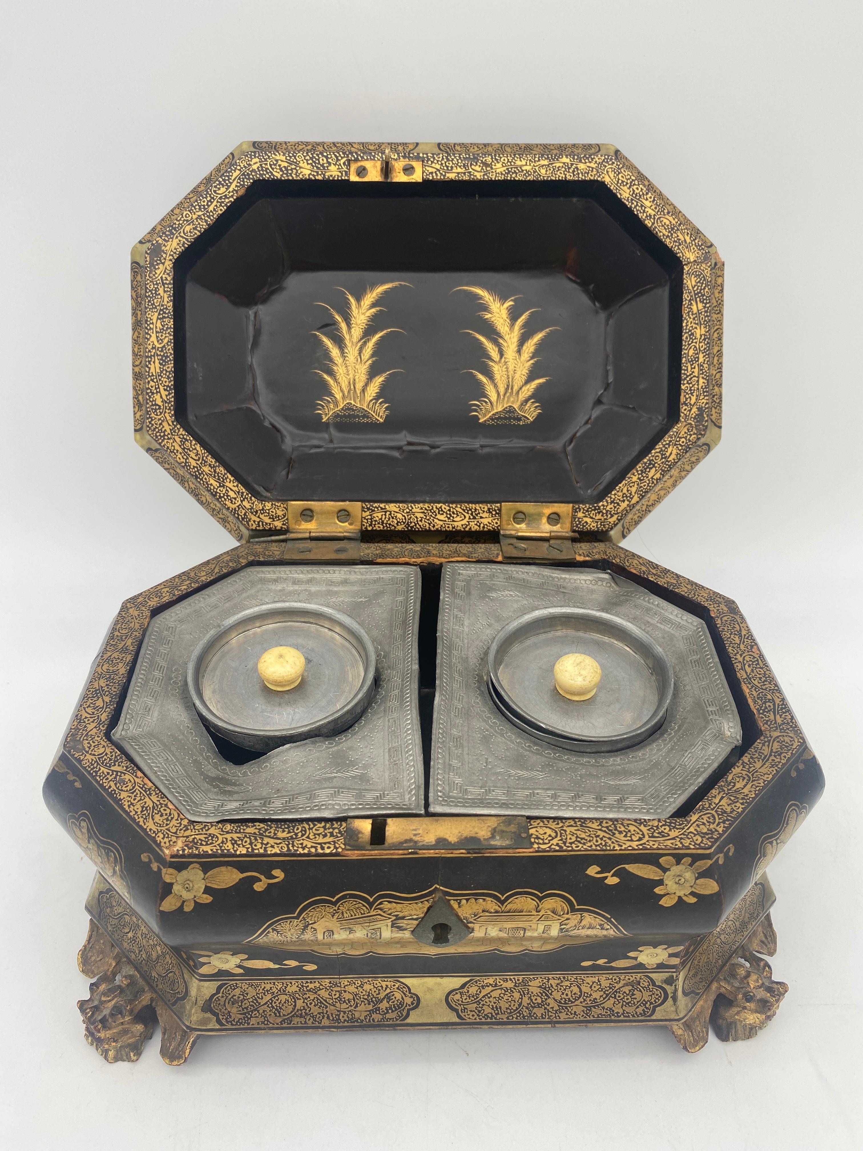 Hand-Carved 19th Century Antique Gilt Lacquer Chinese Tea Caddy For Sale