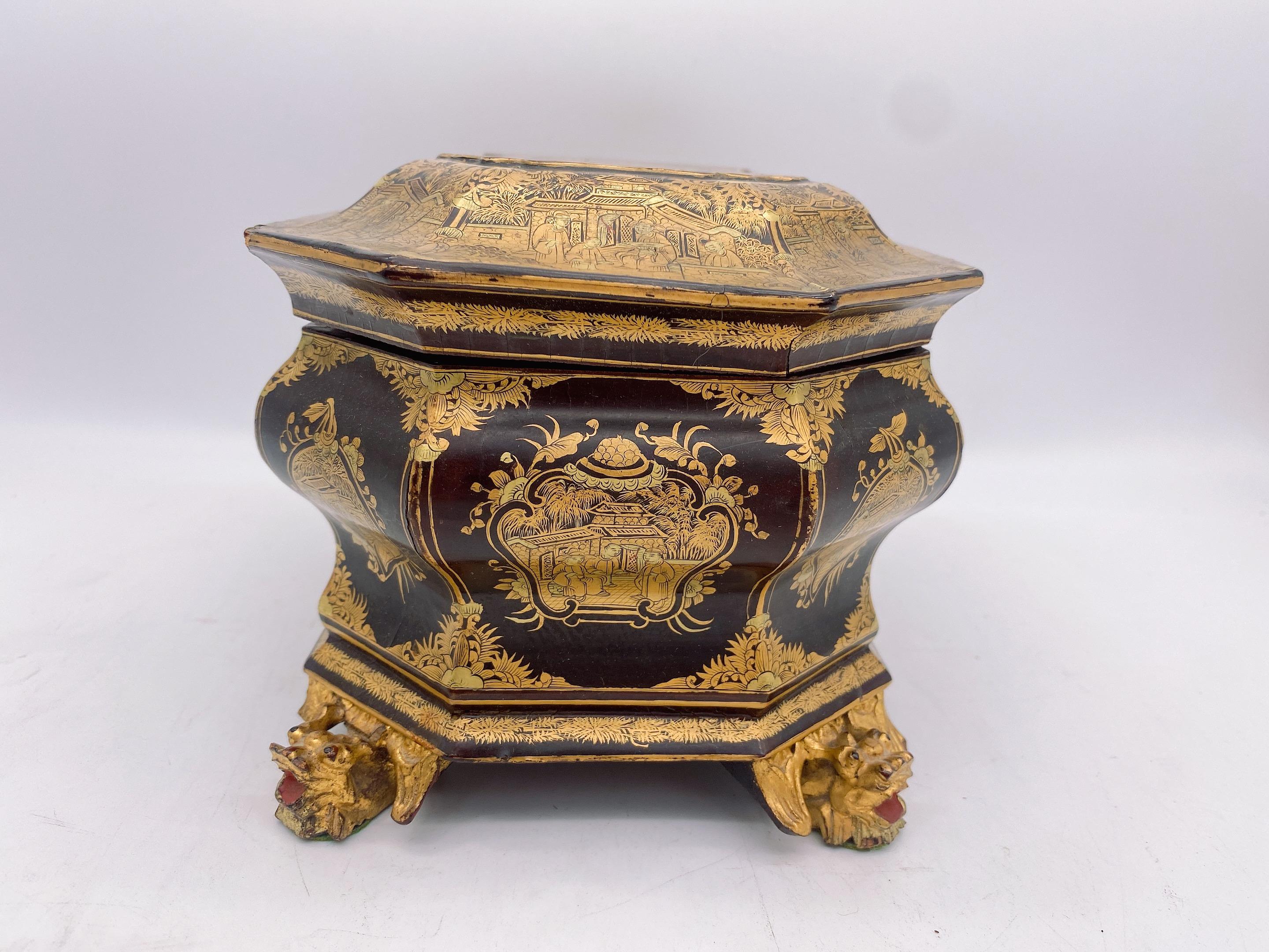 19th Century Antique Gilt Lacquer Chinese Tea Caddy In Good Condition In Brea, CA
