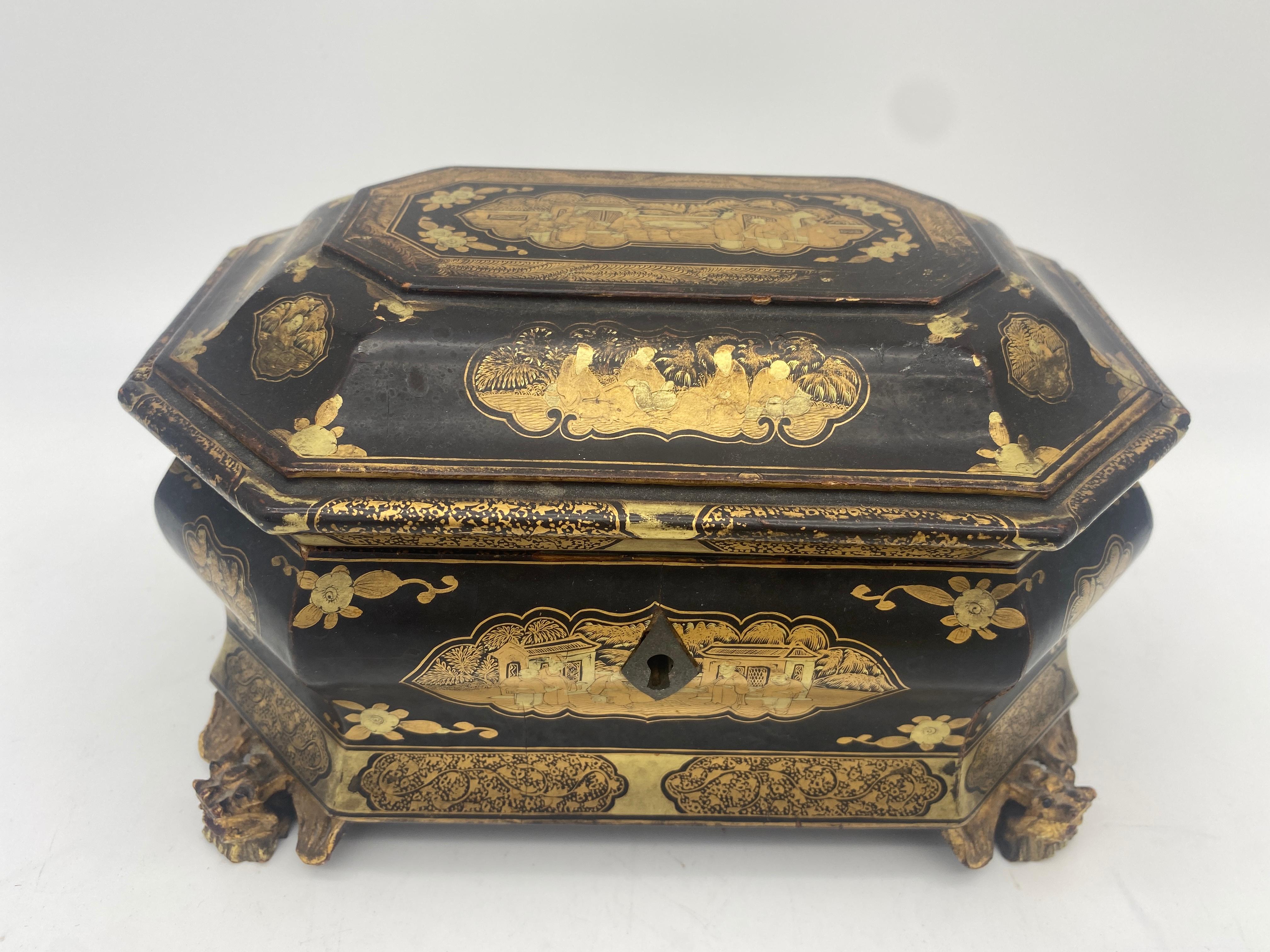 19th Century Antique Gilt Lacquer Chinese Tea Caddy For Sale 1
