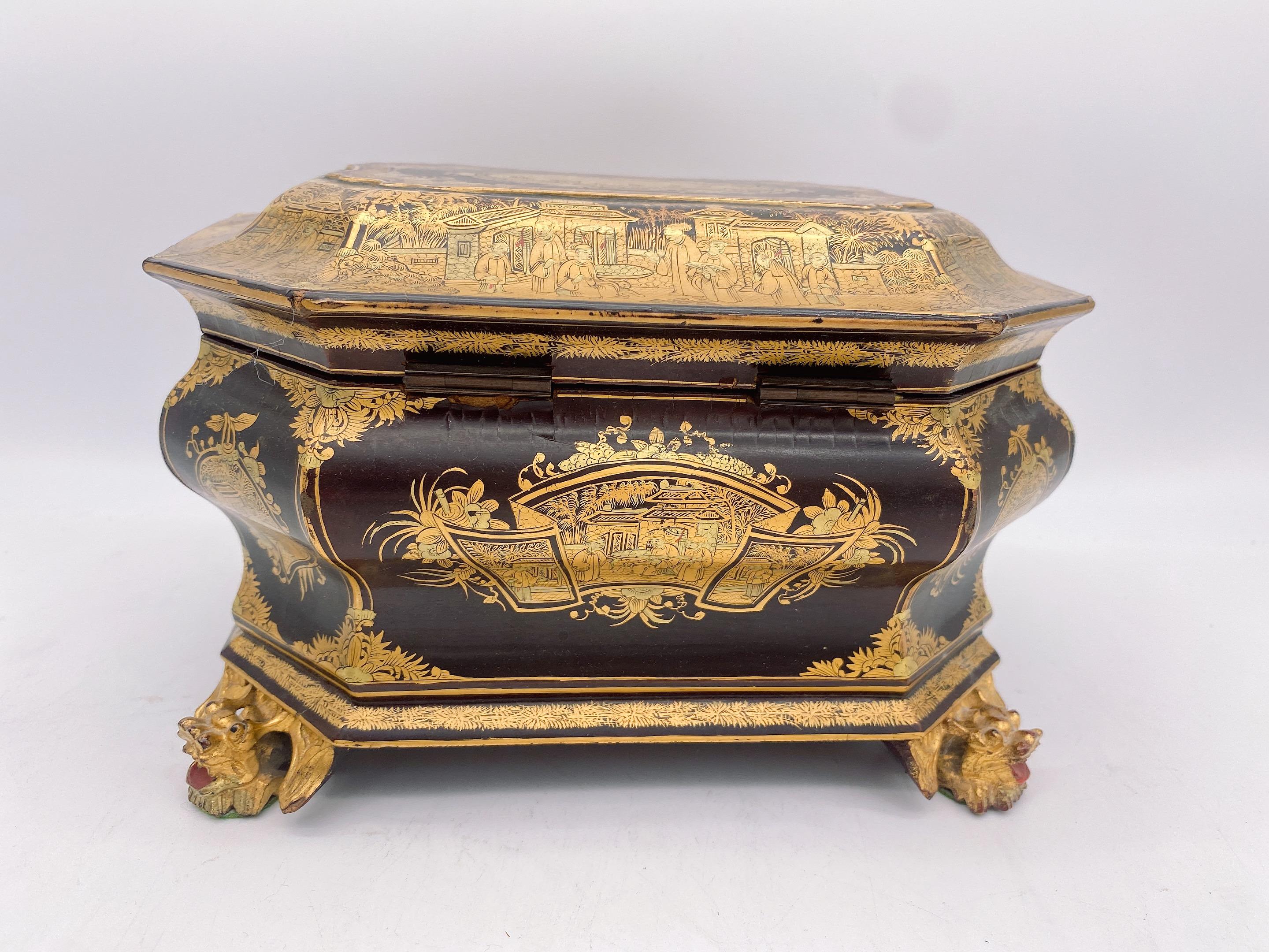 19th Century Antique Gilt Lacquer Chinese Tea Caddy 2