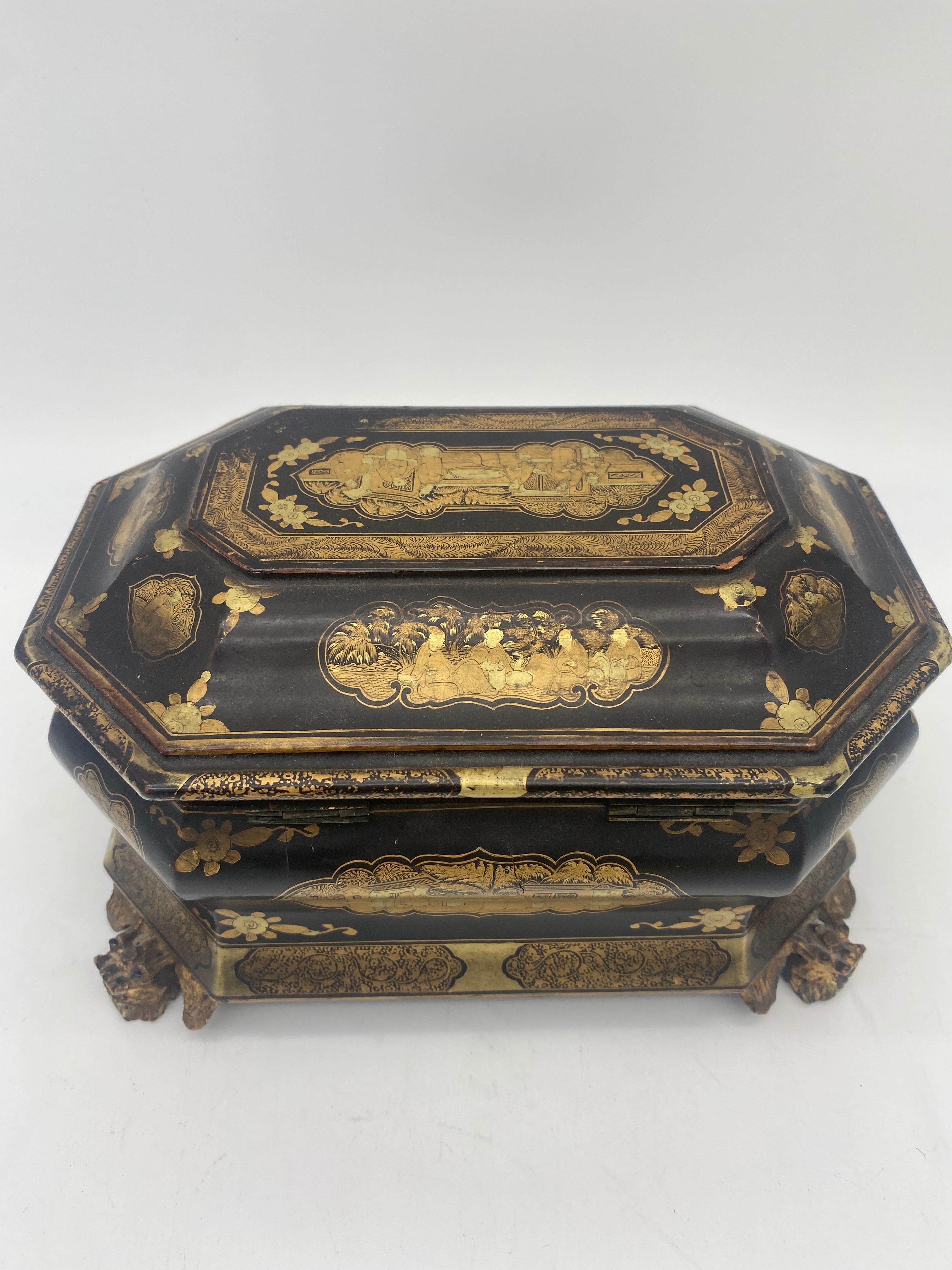 19th Century Antique Gilt Lacquer Chinese Tea Caddy For Sale 3