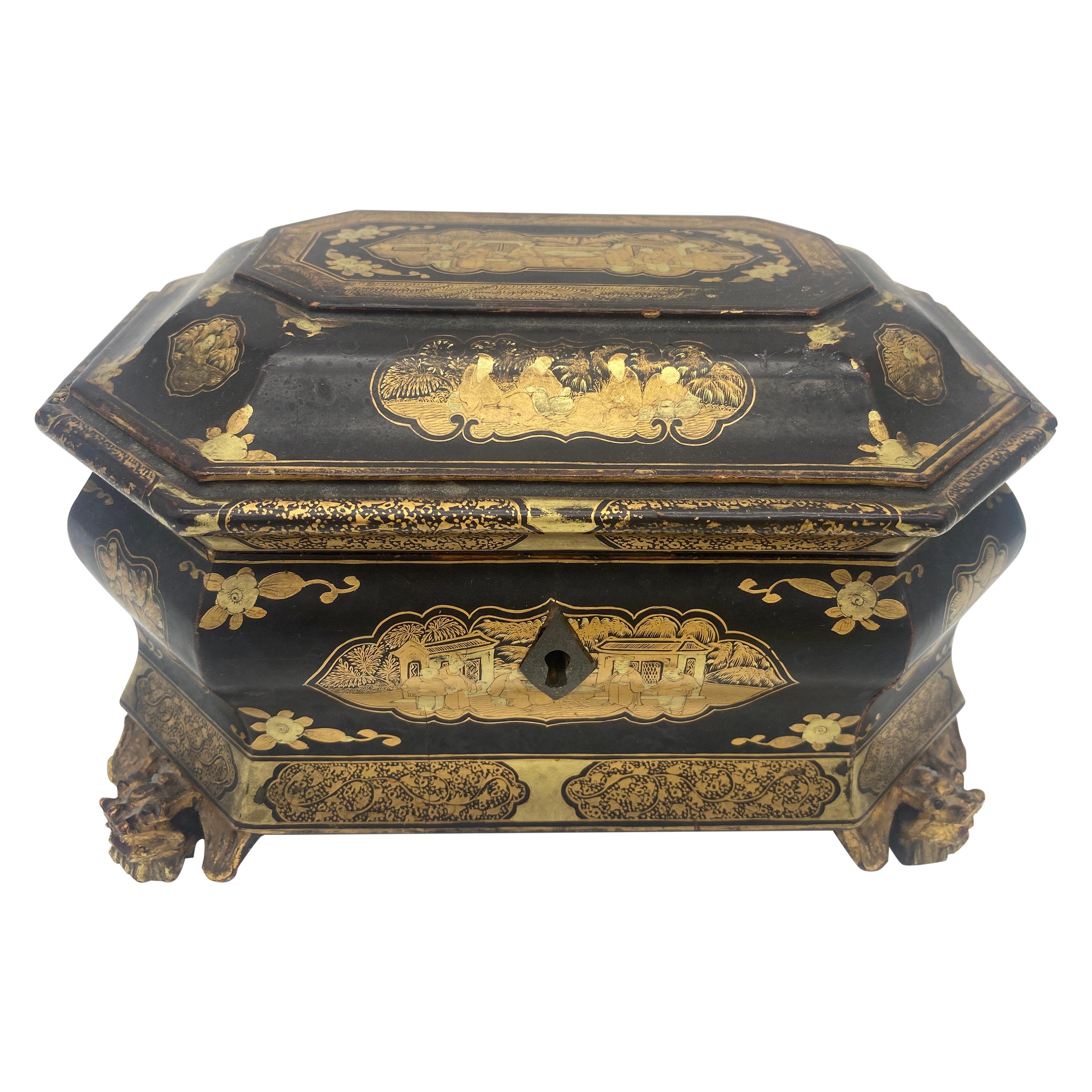 19th Century Antique Gilt Lacquer Chinese Tea Caddy