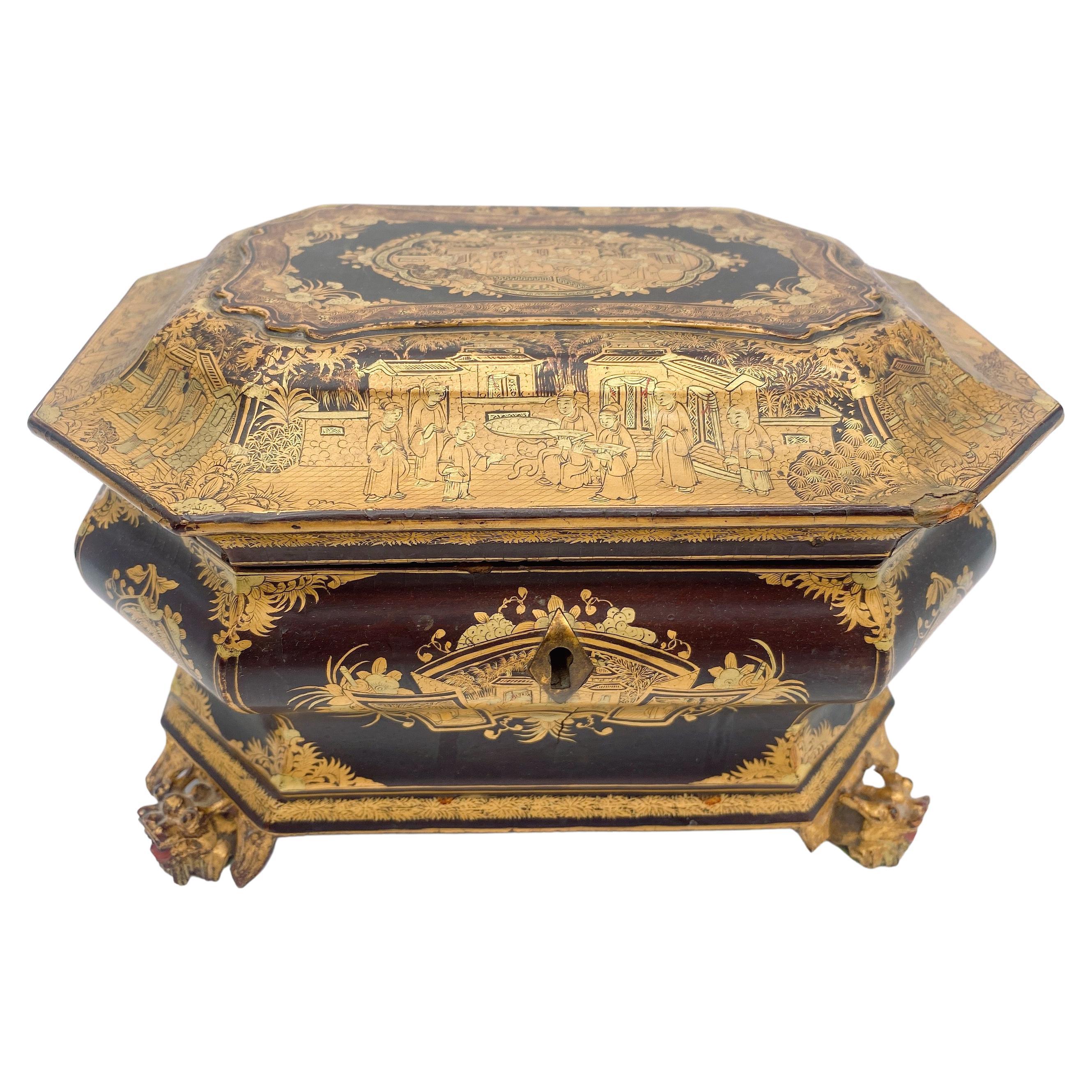 19th Century Antique Gilt Lacquer Chinese Tea Caddy