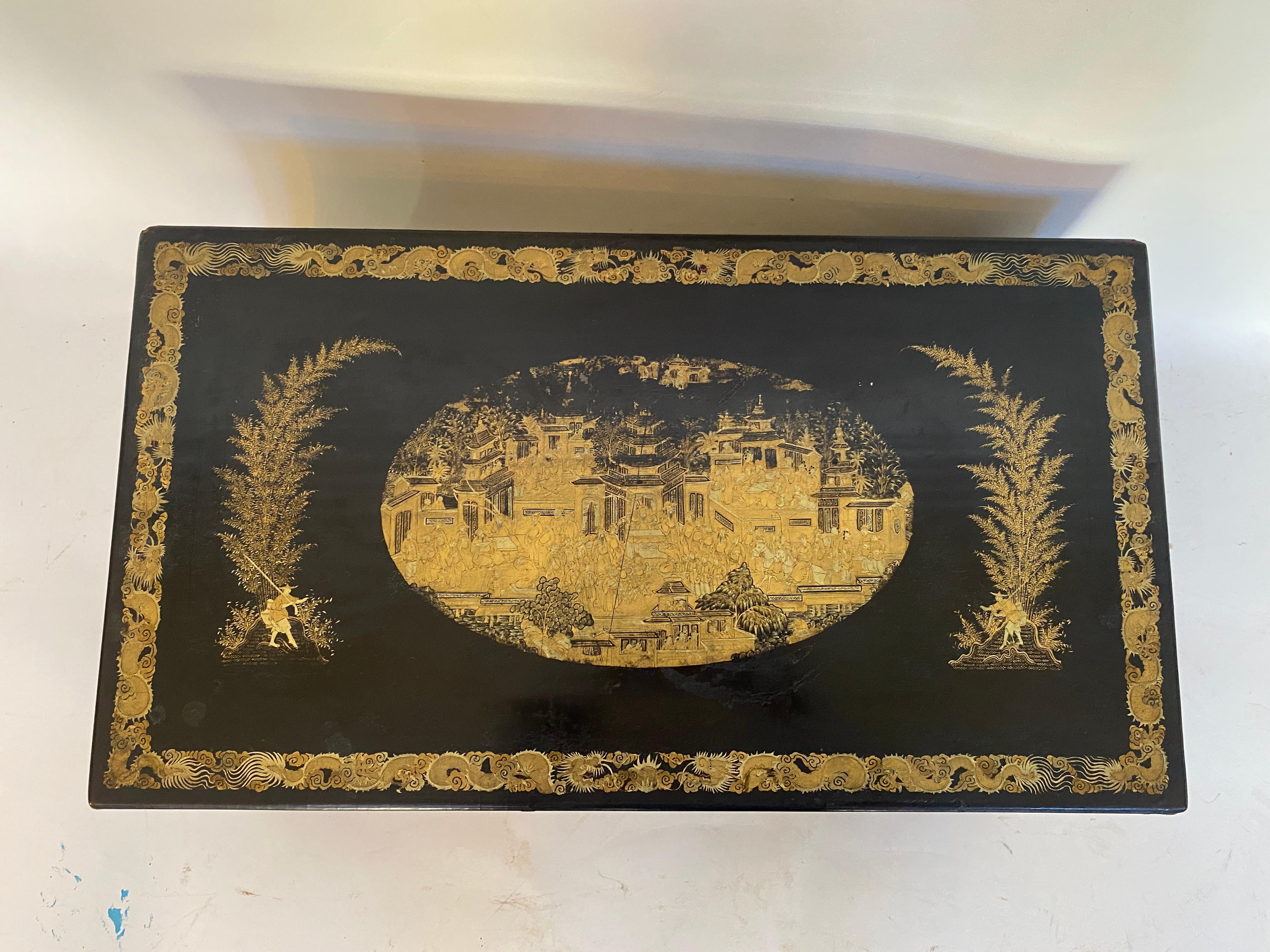 19th Century Antique 18.25'' Large Gilt Lacquer Chinese Writing Box In Good Condition For Sale In Brea, CA