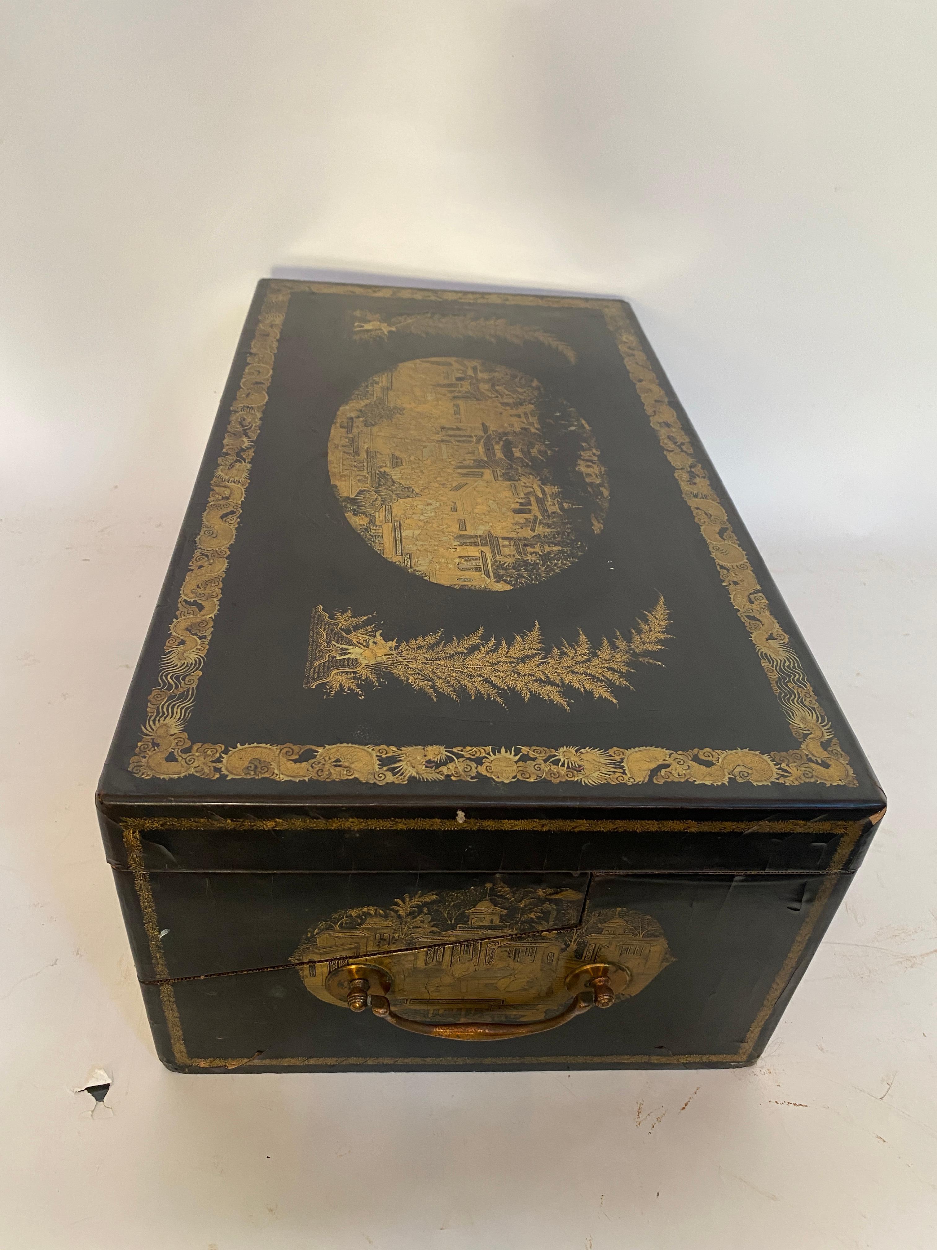19th Century Antique 18.25'' Large Gilt Lacquer Chinese Writing Box For Sale 6