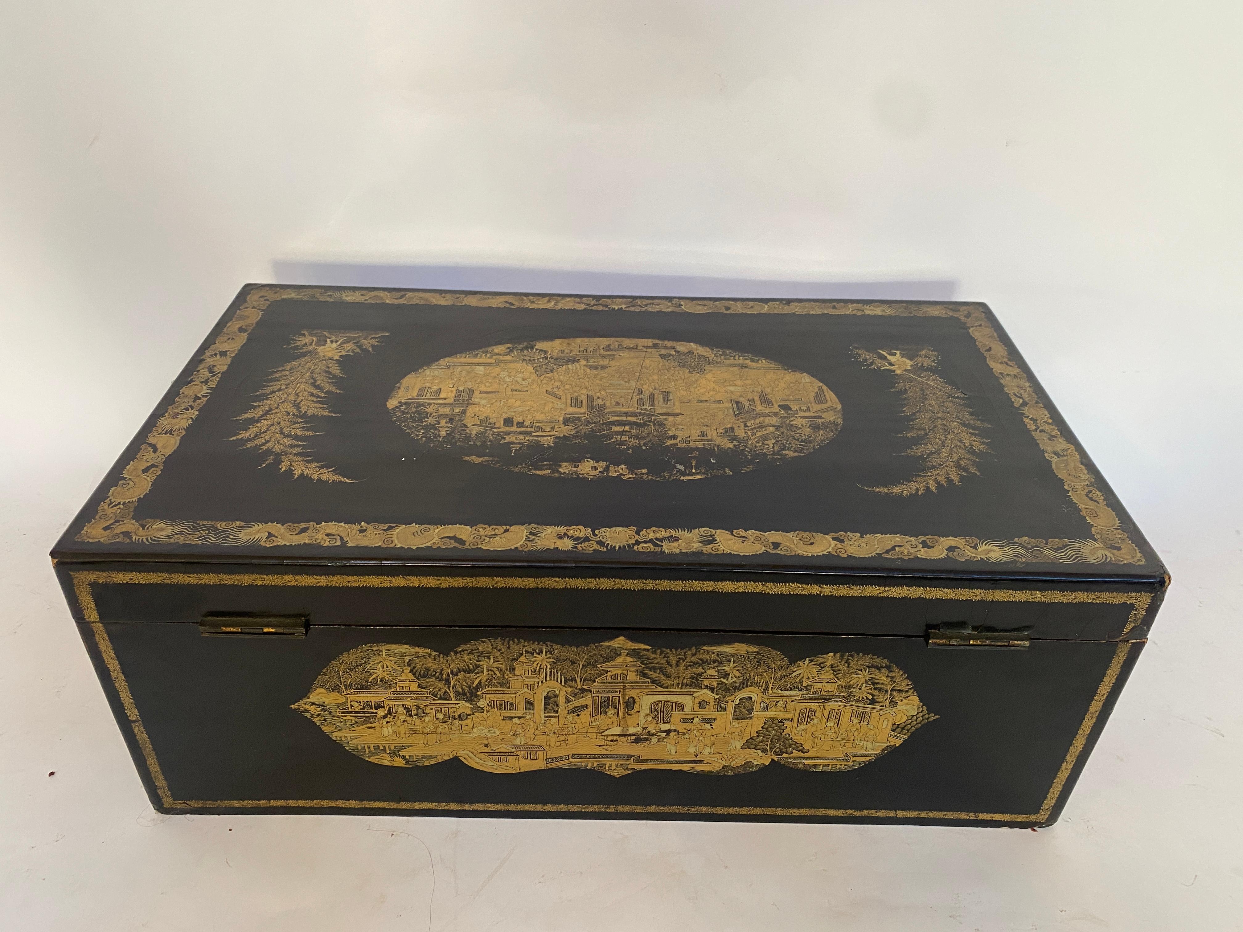 19th Century Antique 18.25'' Large Gilt Lacquer Chinese Writing Box For Sale 5