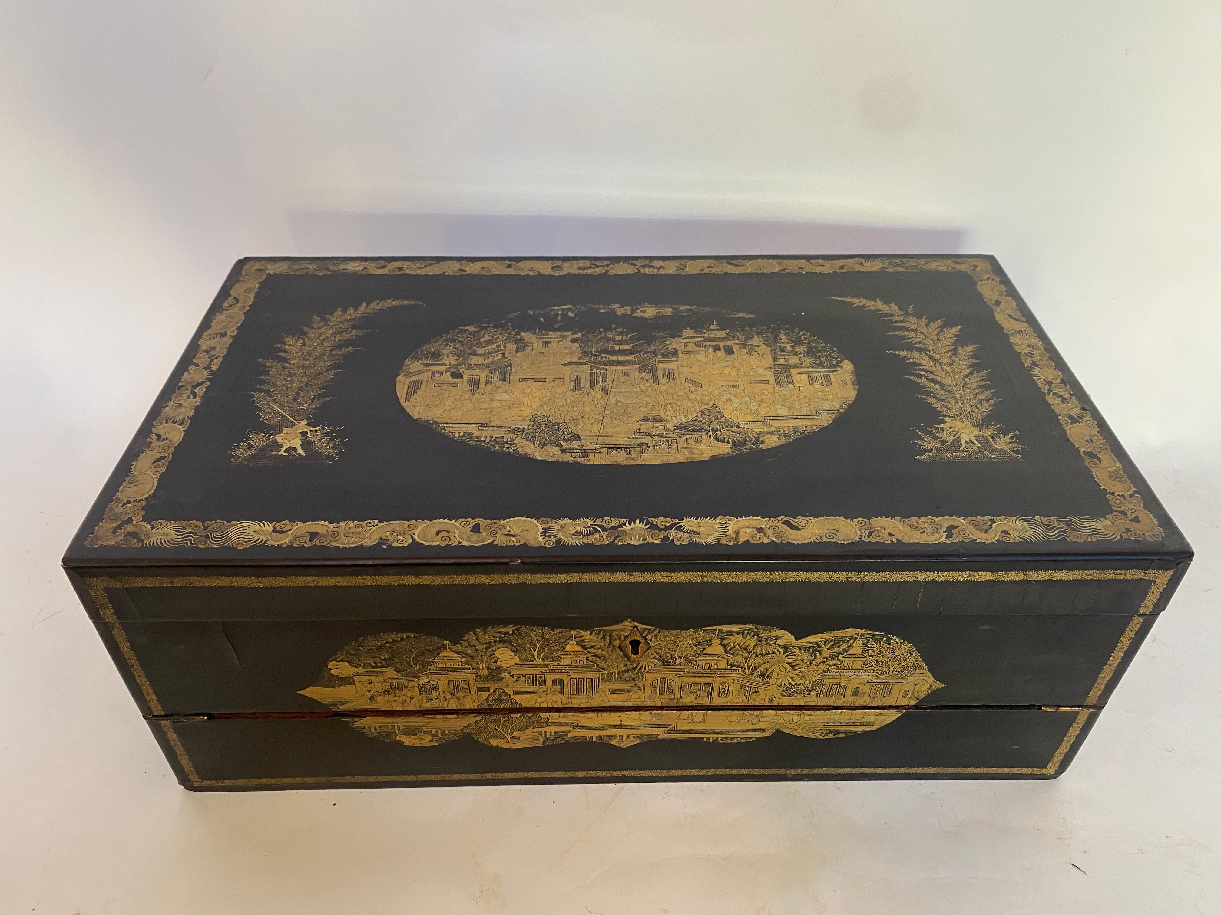 big 19th Century gilt black lacquer Chinese writing table box . very good condition and beautiful hand paint  , See more pictures, measures: 18.25