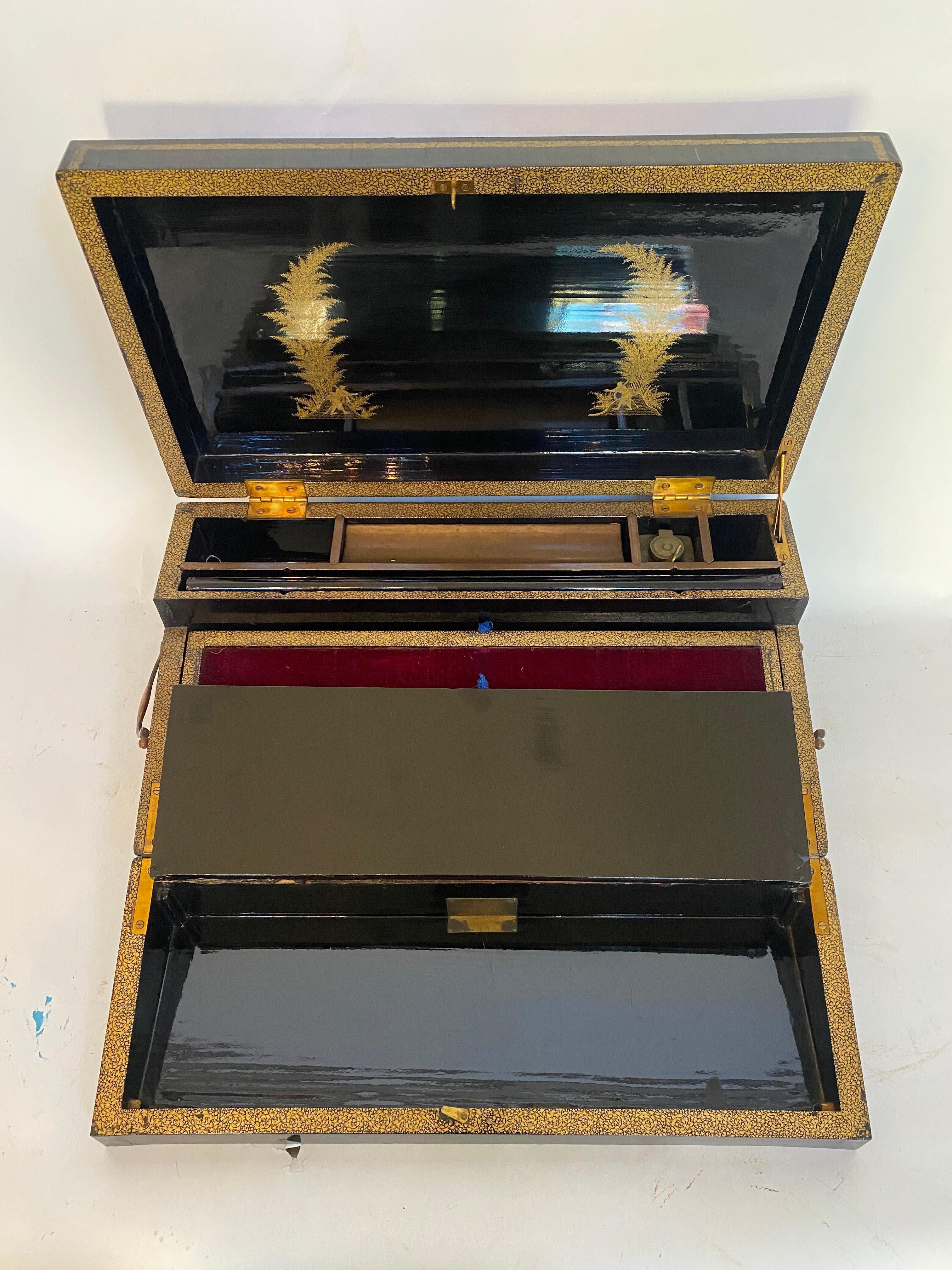 Qing 19th Century Antique 18.25'' Large Gilt Lacquer Chinese Writing Box For Sale