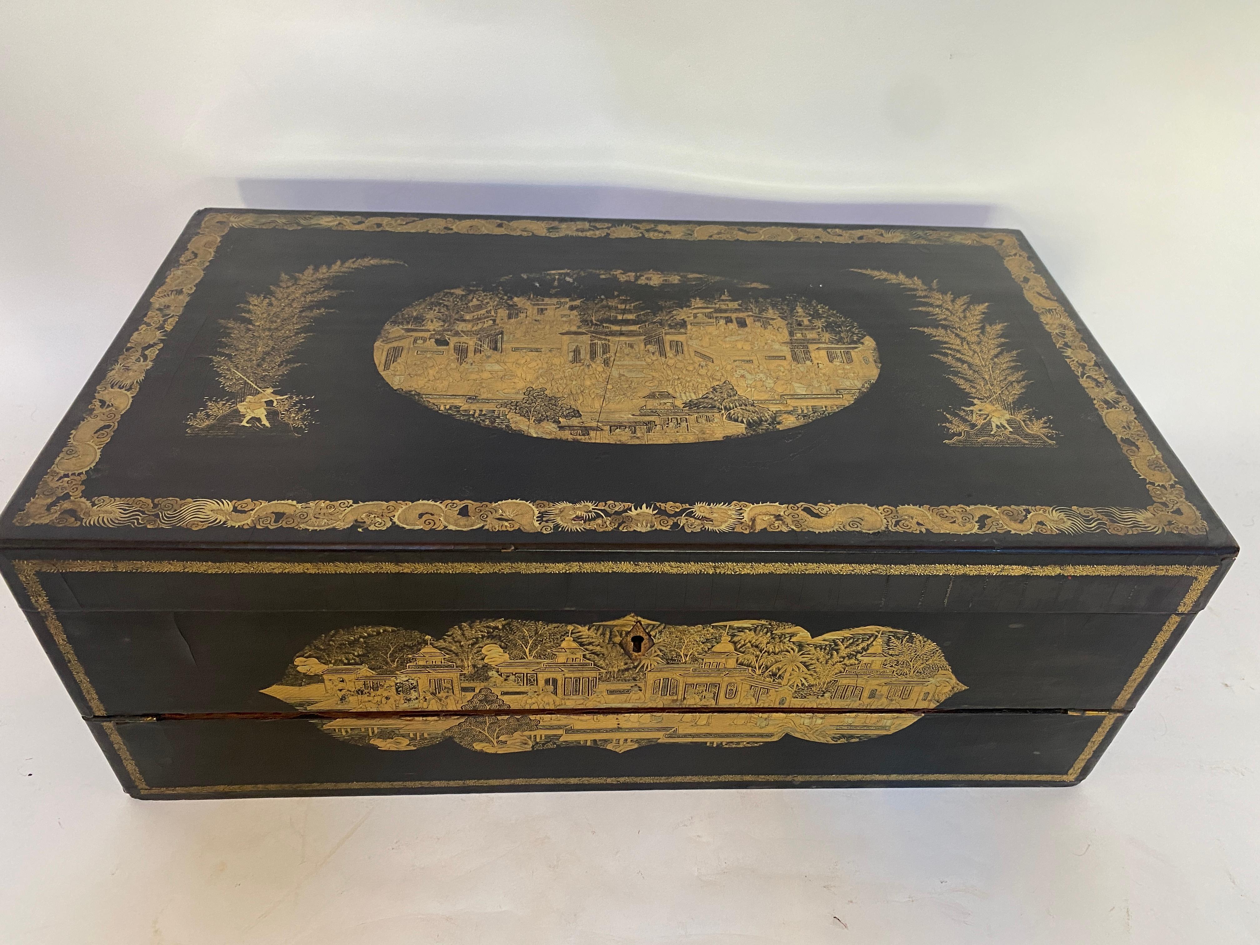 Hand-Carved 19th Century Antique 18.25'' Large Gilt Lacquer Chinese Writing Box For Sale