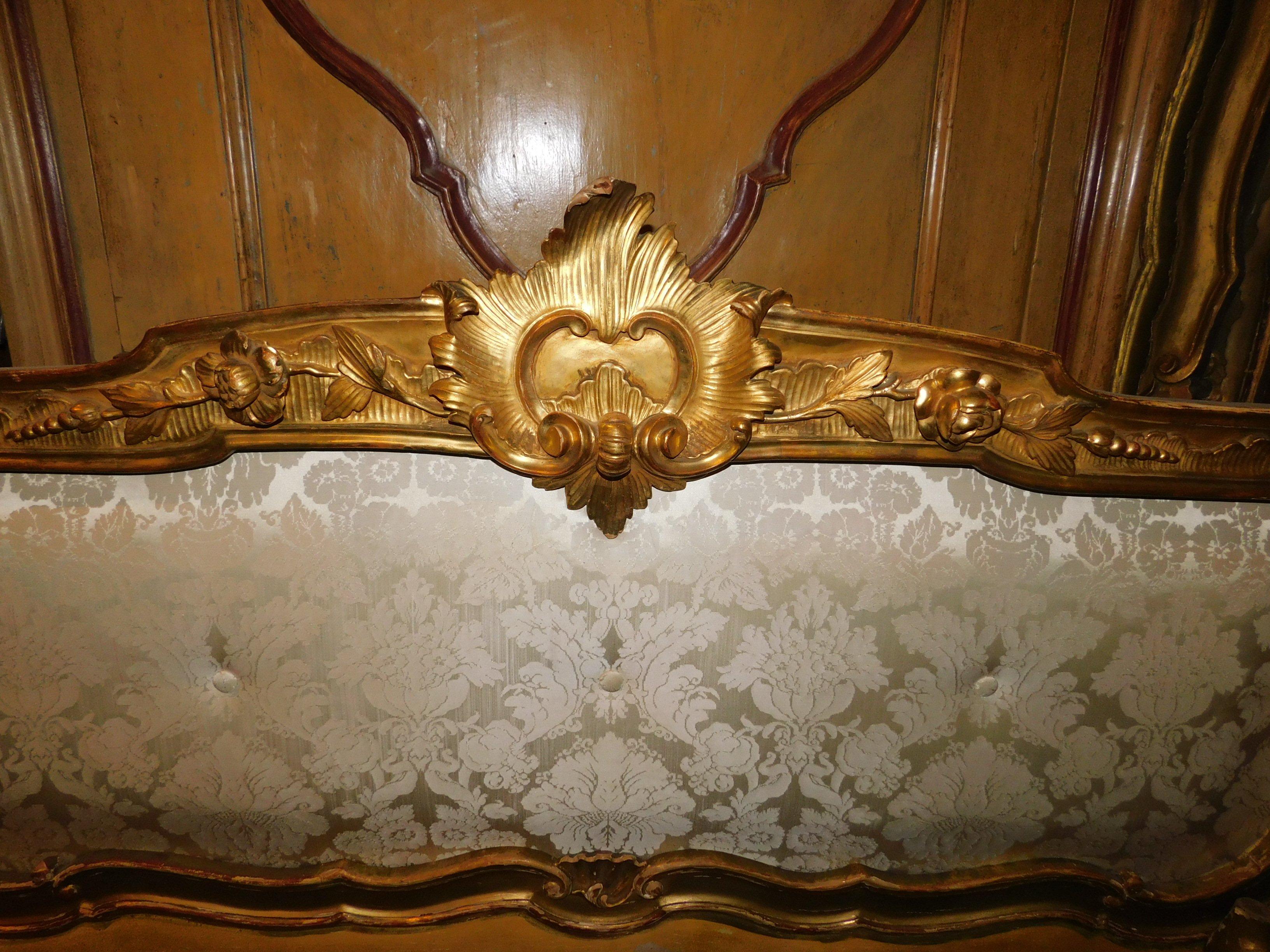19th Century Antique Golden Bed with Damask Lined Headboard 3