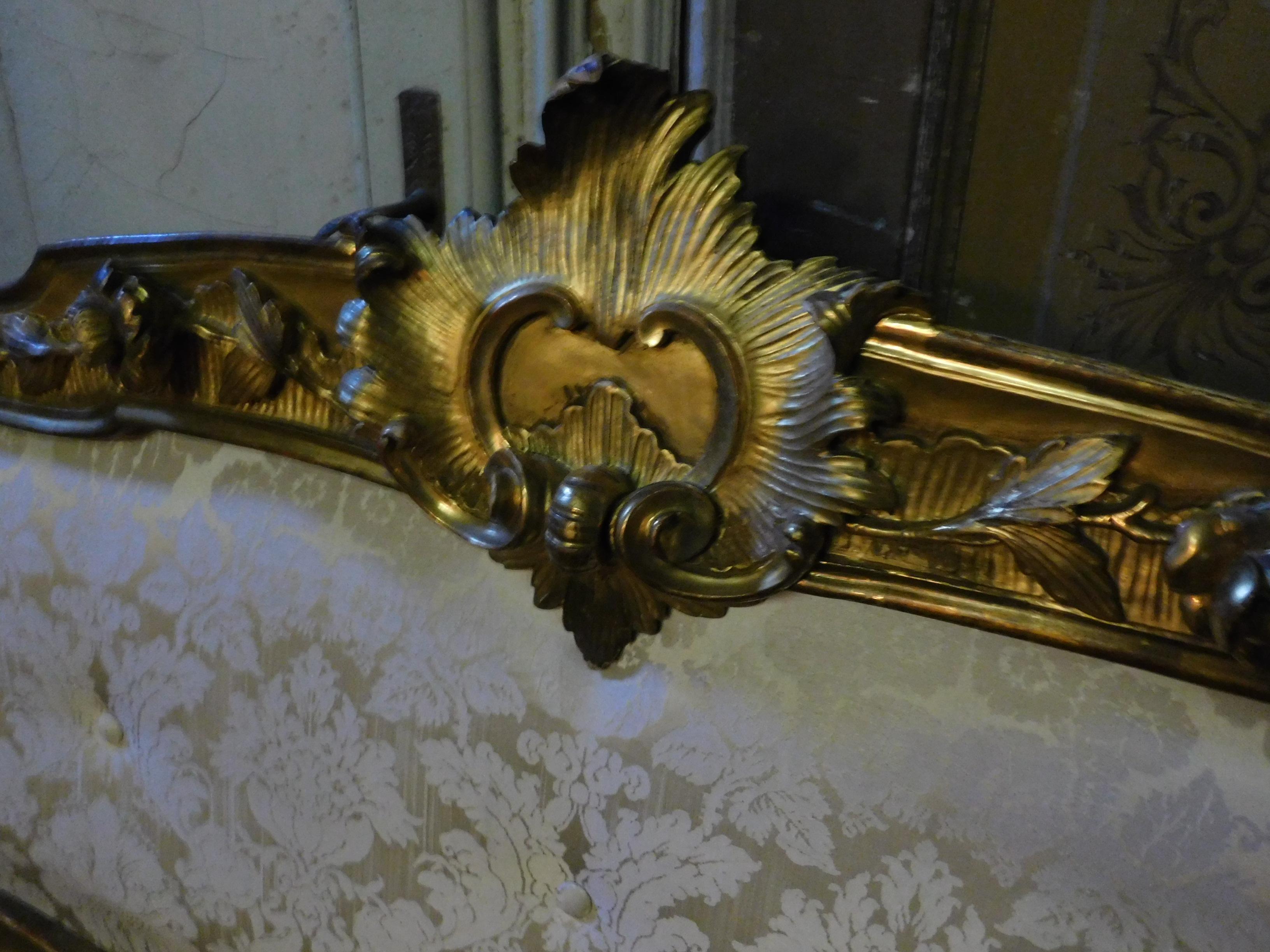 European 19th Century Antique Golden Bed with Damask Lined Headboard