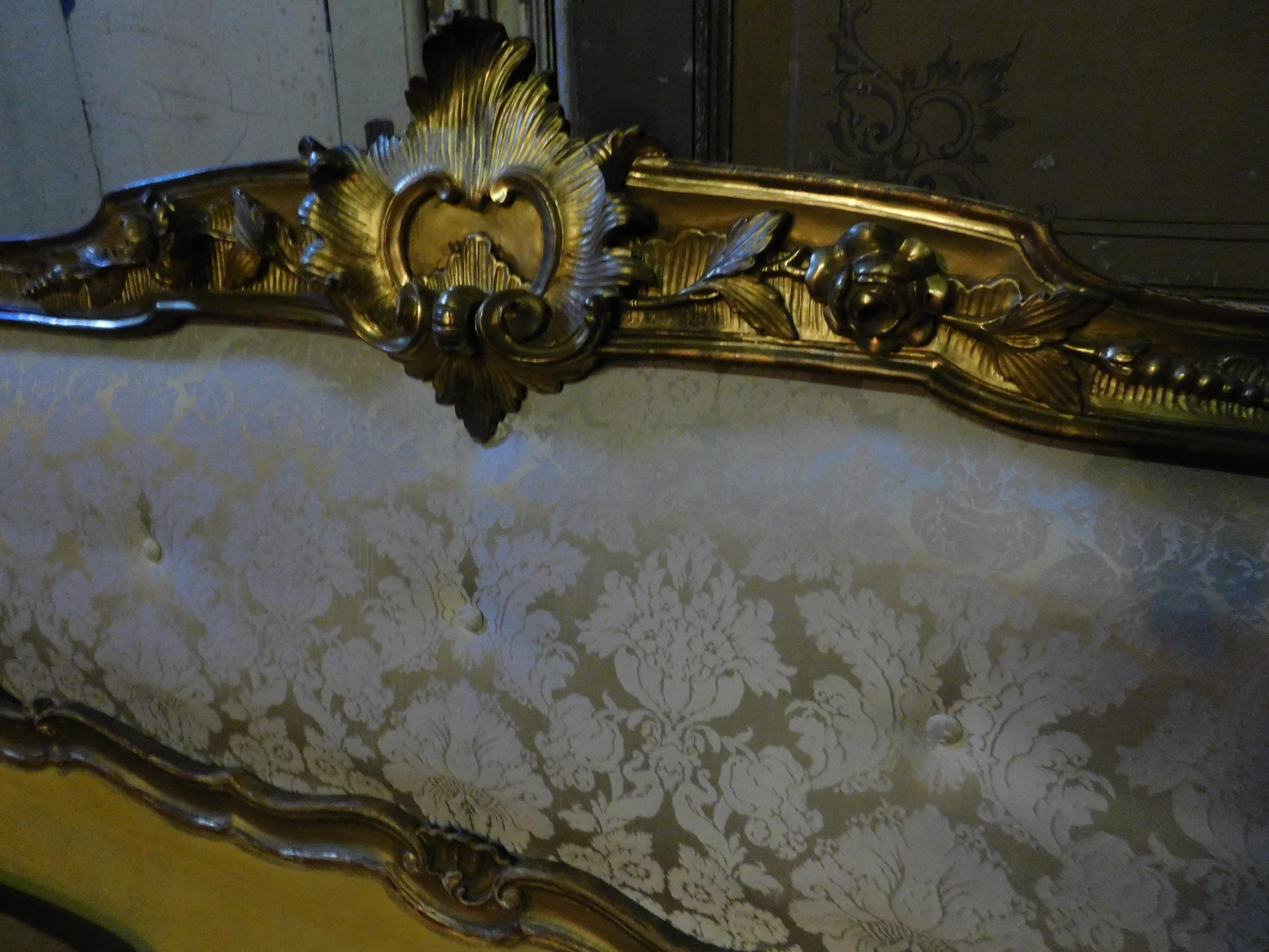 Gilt 19th Century Antique Golden Bed with Damask Lined Headboard