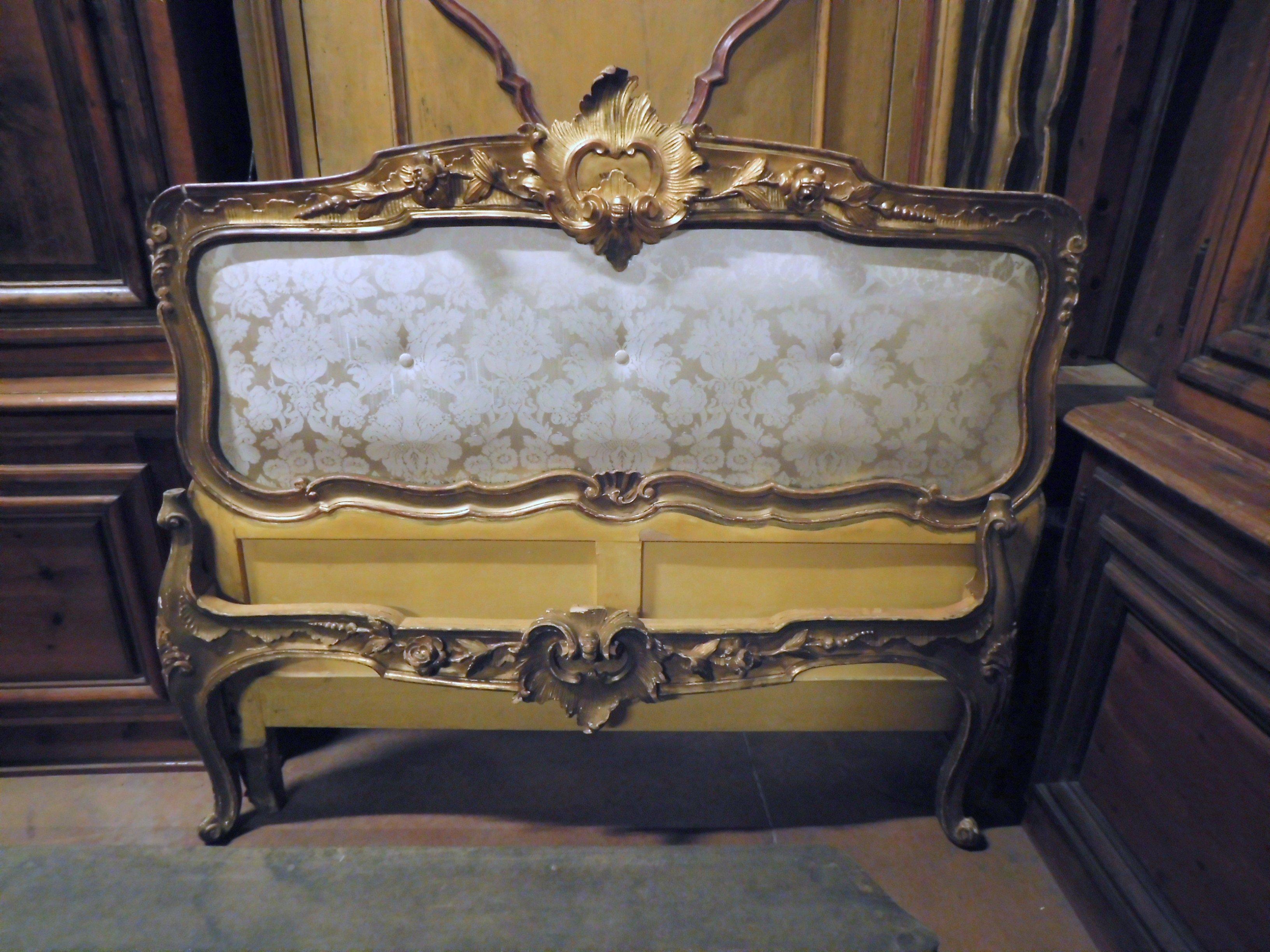 Late 19th Century 19th Century Antique Golden Bed with Damask Lined Headboard
