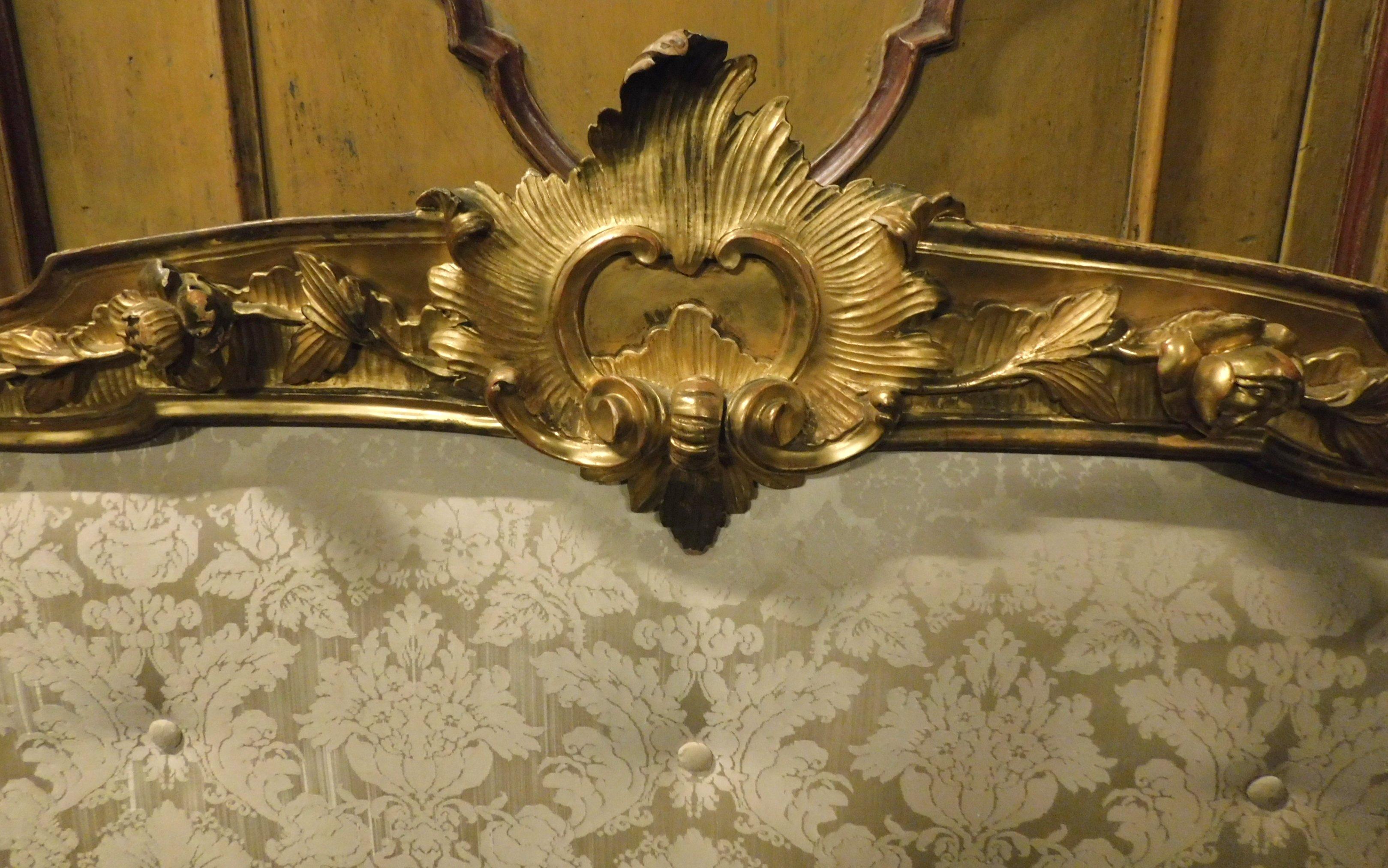 Wood 19th Century Antique Golden Bed with Damask Lined Headboard