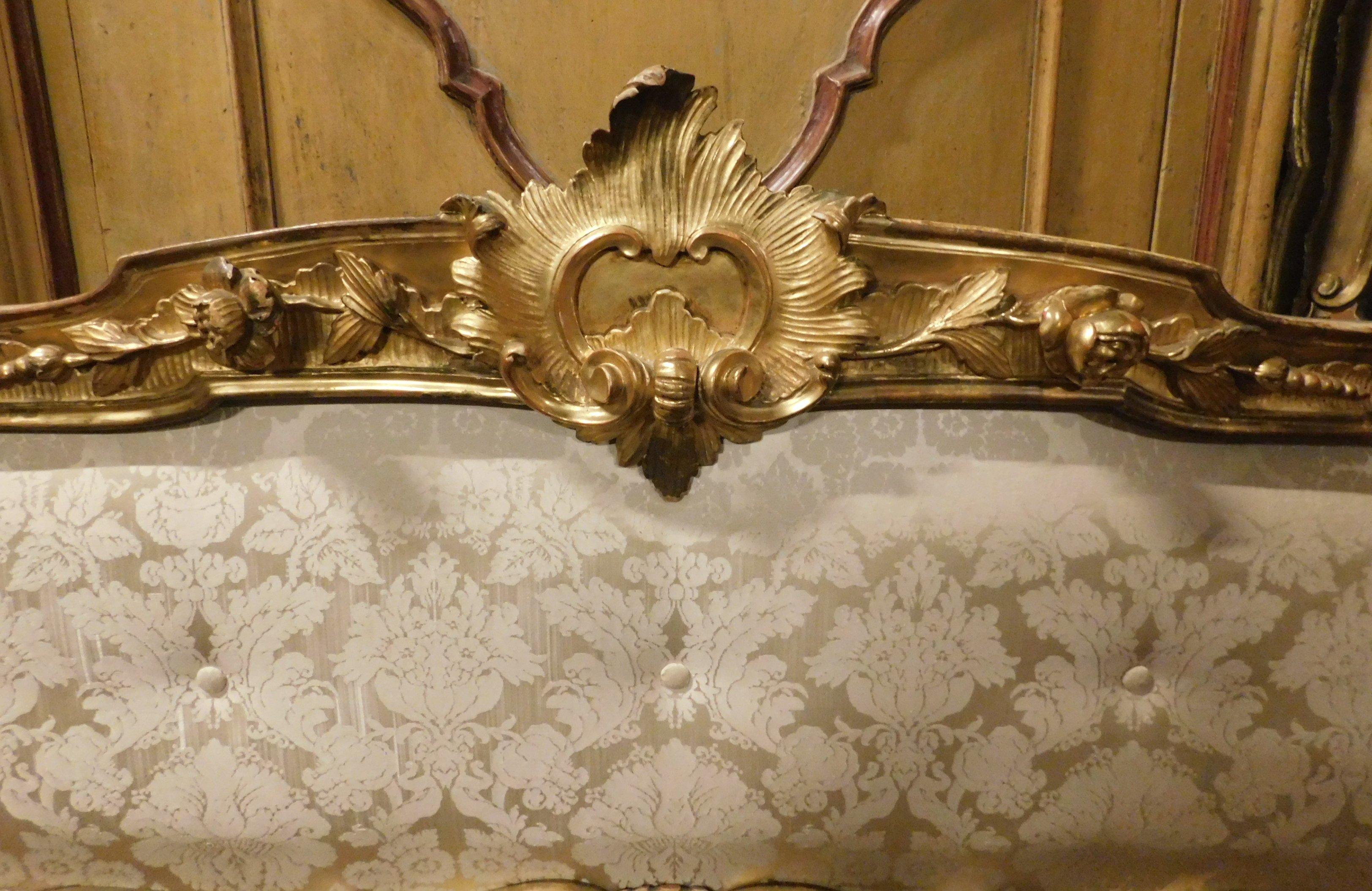 19th Century Antique Golden Bed with Damask Lined Headboard 1