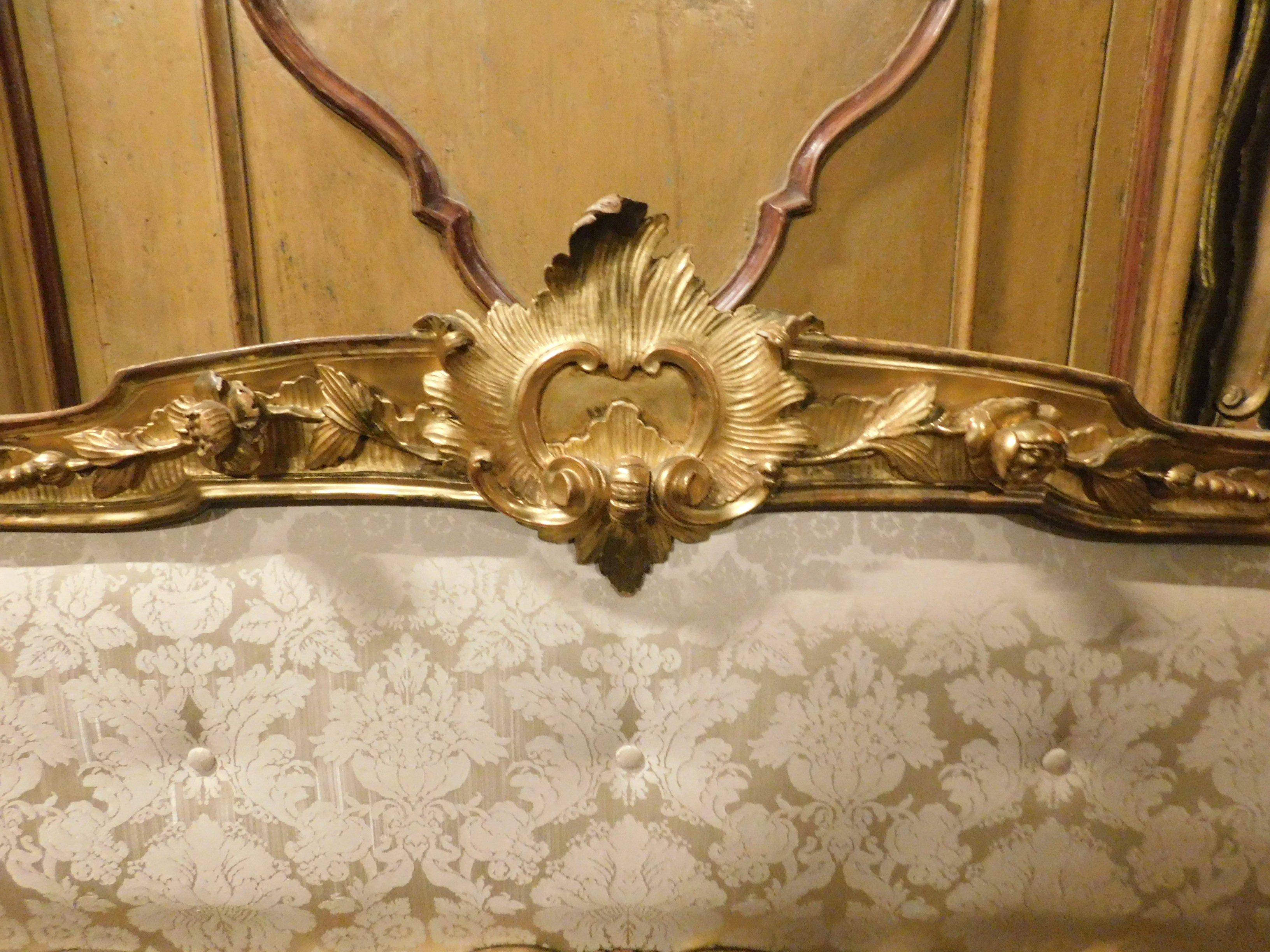 19th Century Antique Golden Bed with Damask Lined Headboard 2