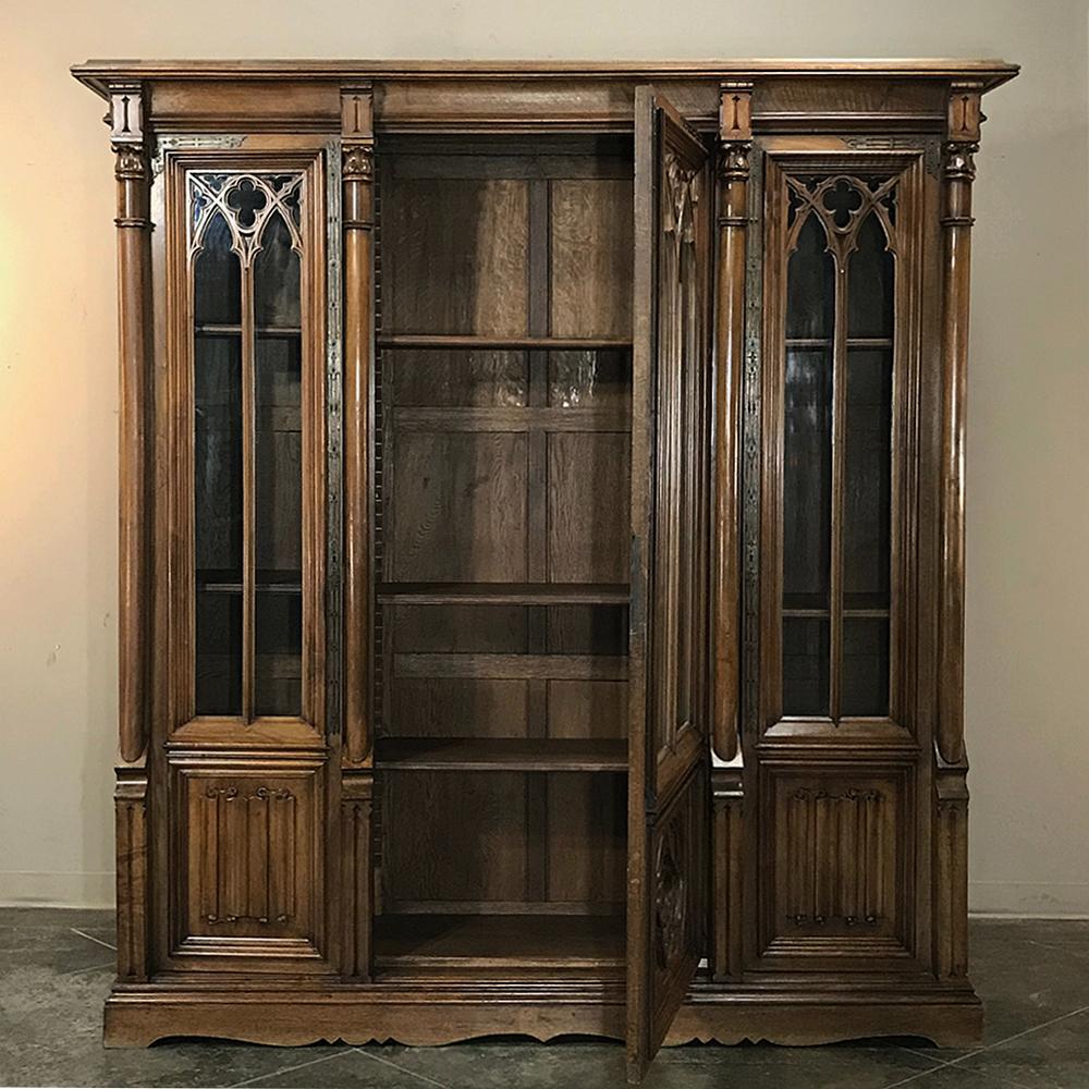 19th Century Antique Gothic French Walnut Triple Bookcase 2